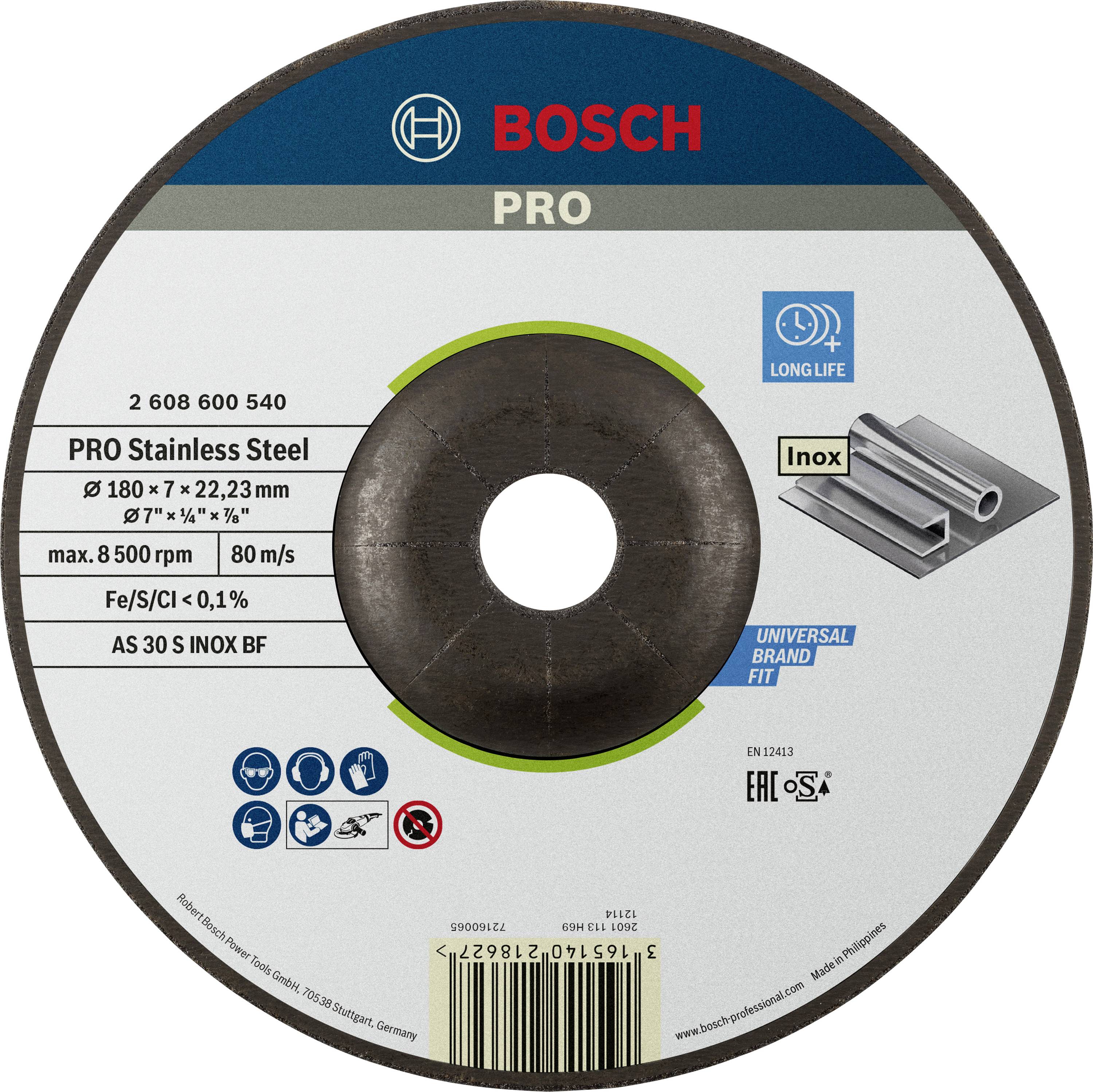 Schleifscheibe mit Aufschrift 'Bosch PRO Stainless Steel', Durchmesser 180 mm, max. 8.500 U/min, für Edelstahl, lange Lebensdauer.