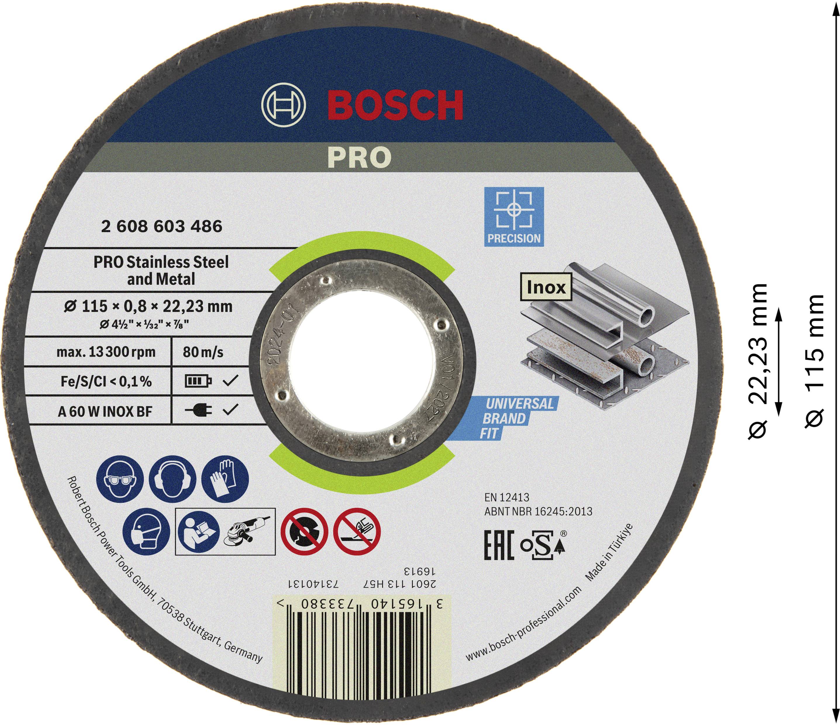 Eine Trennscheibe von Bosch für Edelstahl und Metall, Durchmesser 115 mm, Dicke 0,8 mm. Maximale Drehzahl 13.300 U/min.