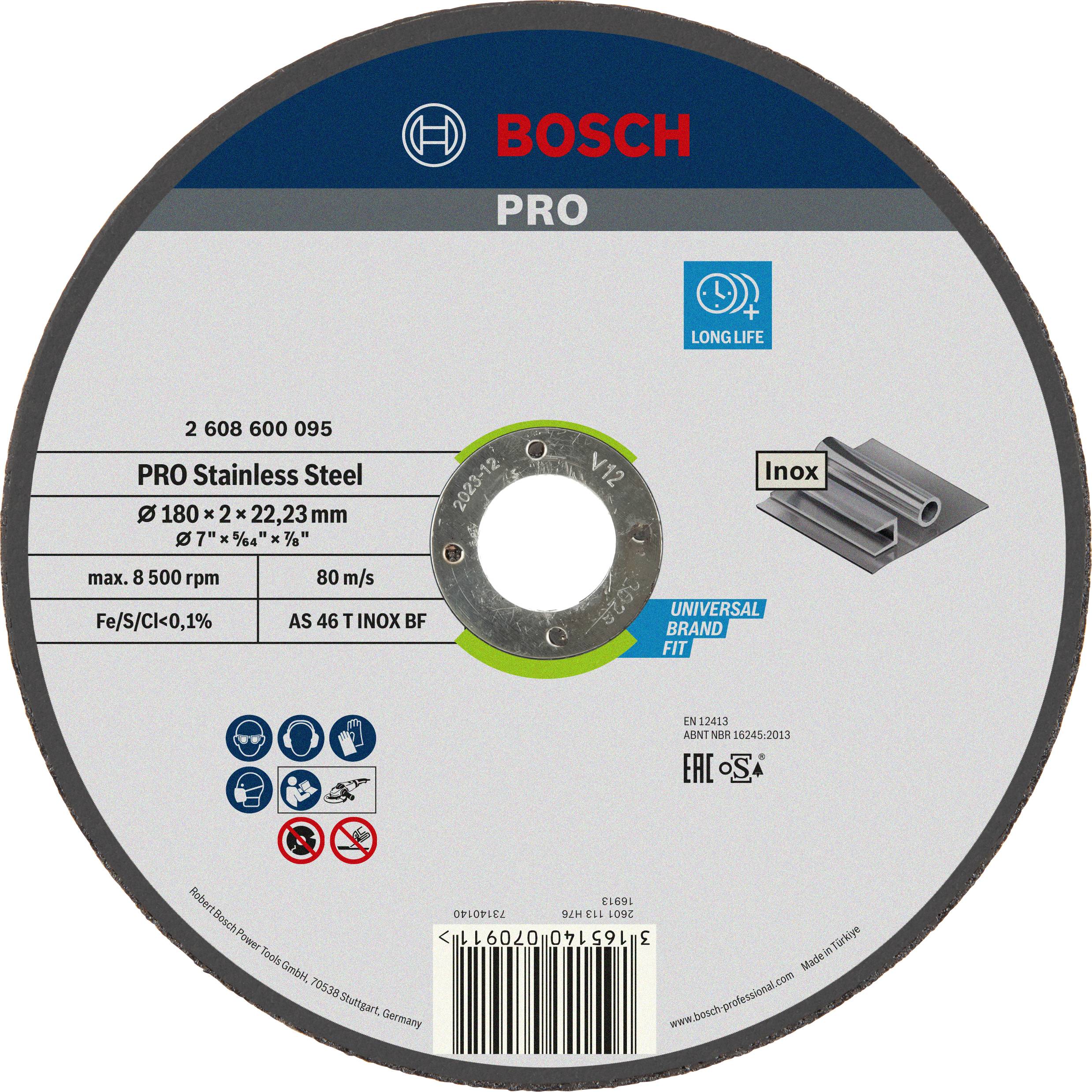 'BOSCH Pro' Trennscheibe für Edelstahl, Durchmesser 180 mm, Dicke 2 mm. Geeignet für hohe Belastung, maximale Drehzahl 8.500 U/min.