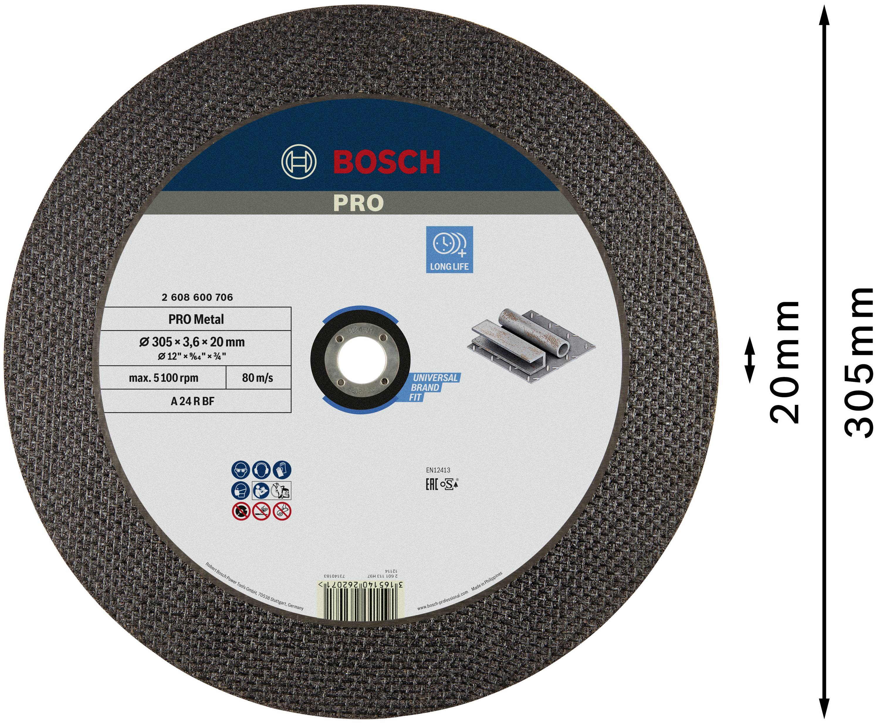 'Bosch PRO' Schleifscheibe, Durchmesser 305 mm, Dicke 20 mm, für Metallbearbeitung, maximale Drehzahl 5100 U/min.