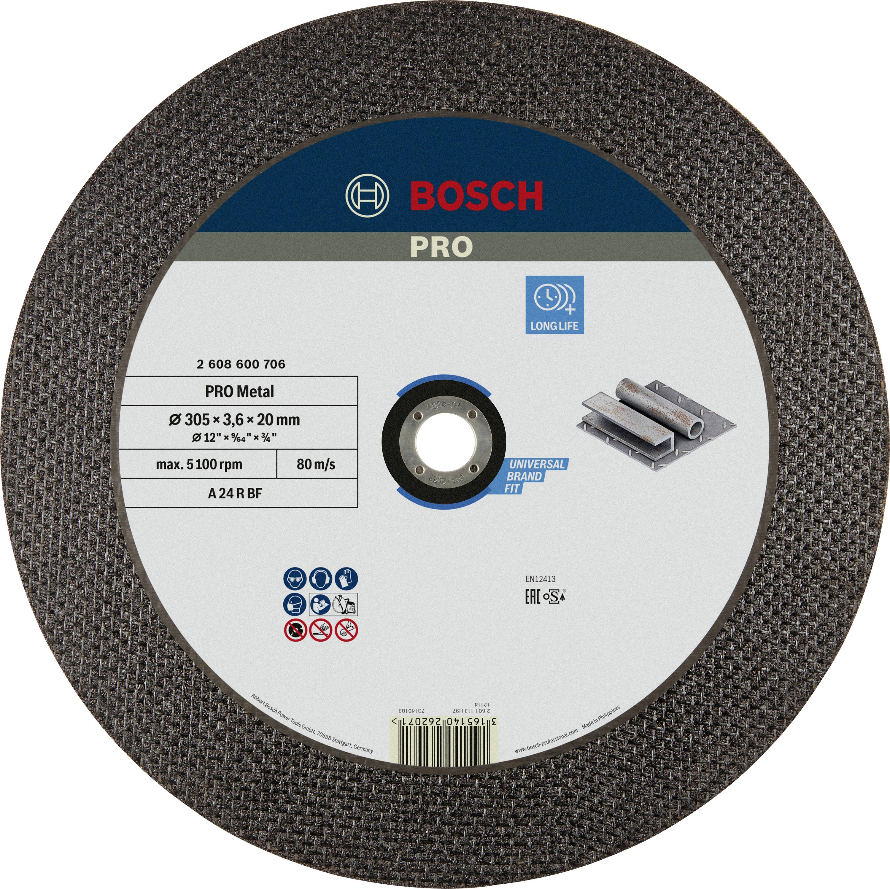 Schleifscheibe 'Bosch Pro' für Metall, 305 mm Durchmesser, 3,6 mm Dicke. Höchstgeschwindigkeit 80 m/s, max. 5100 U/min.
