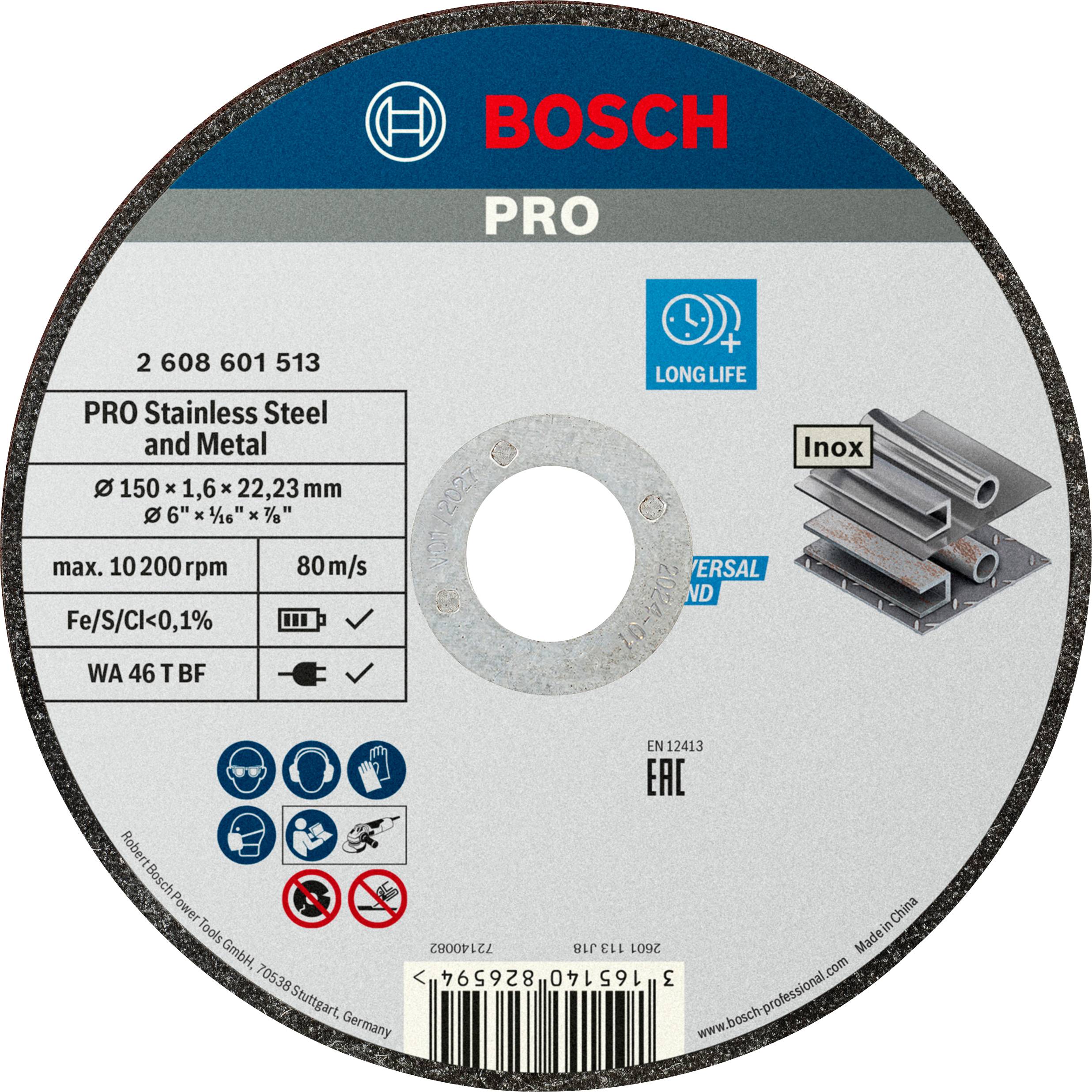 Bosch PRO Trennscheibe für Edelstahl und Metall, max. 10.200 U/min, Ø 150 x 1,6 x 22,23 mm. Geeignet für Inox, niedriger Eisen-/Schwefelgehalt.