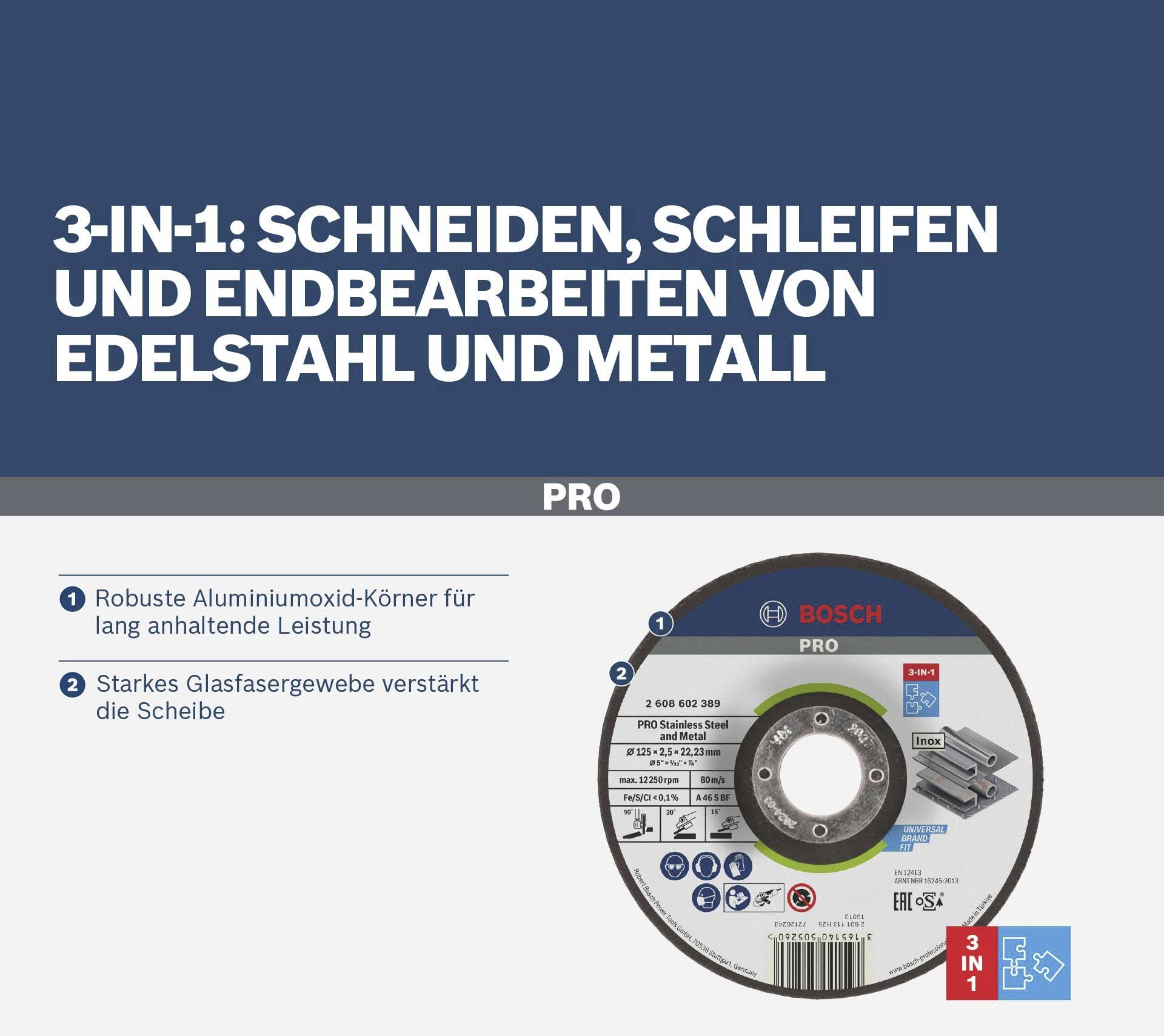 '3-in-1: Schneiden, Schleifen und Endbearbeiten von Edelstahl und Metall'. Abbildung einer Schleifscheibe mit Produktinformationen.