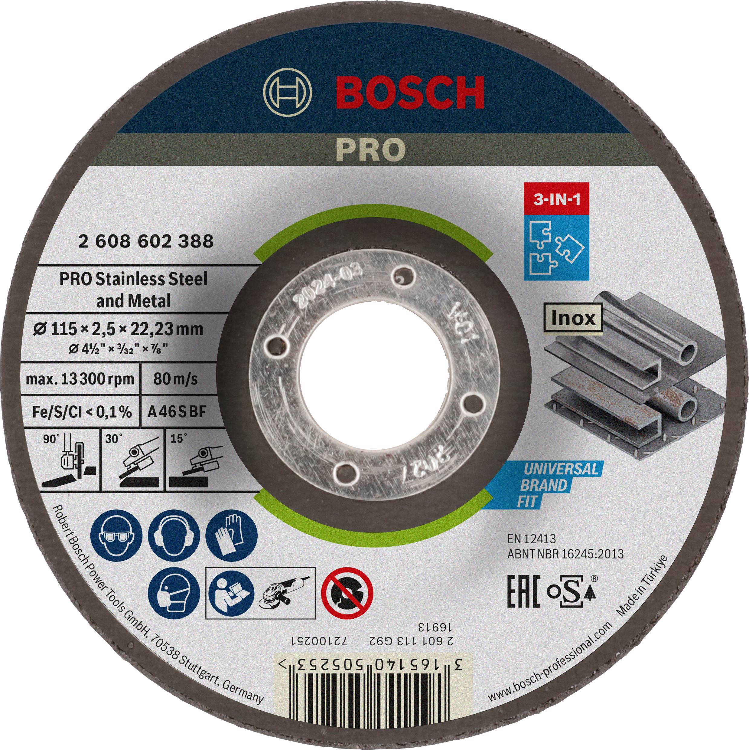 Trennscheibe Bosch Pro, 115 mm, für Edelstahl und Metall. 3-in-1 Funktion. Max. Drehzahl 13.300 U/min. Universal Brand Fit.