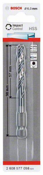 Ein Metallbohrer von Bosch mit 6,0 mm Durchmesser und 98 mm Länge, geeignet für Impact Control, in einer Produktverpackung dargestellt.