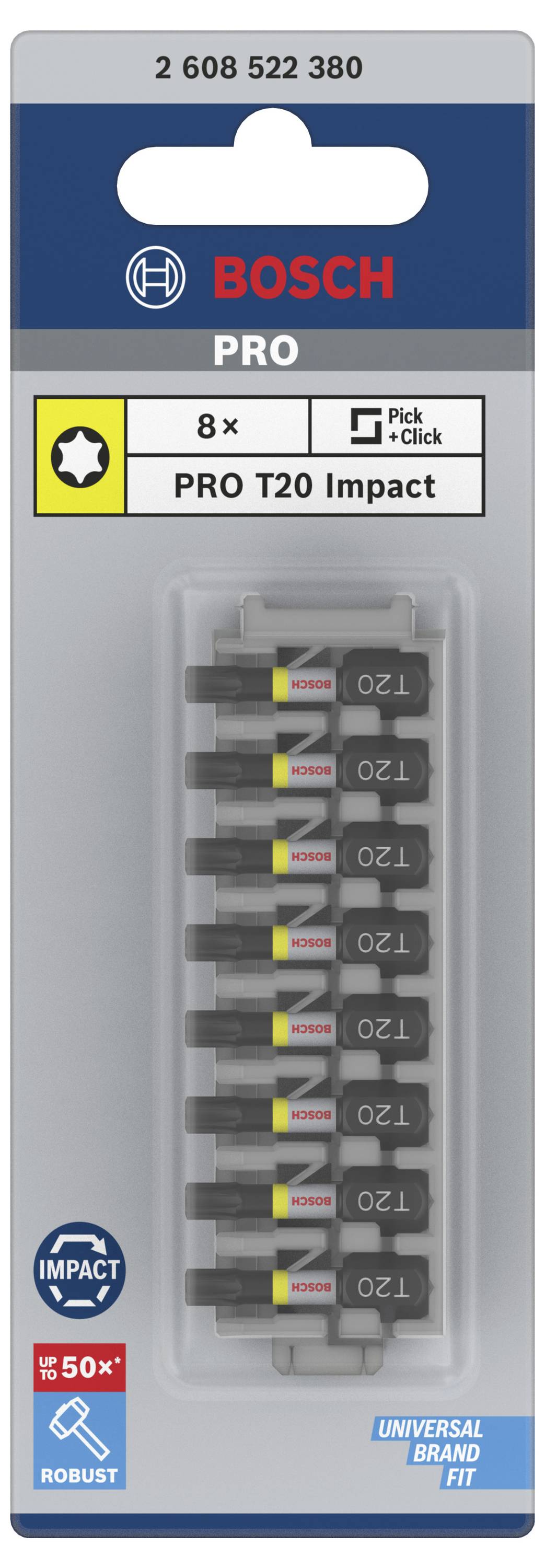 Verpackung mit 8 Bosch PRO T20 Impact Schrauberbits. Enthält Schriftzug 'Impact Control', 'Robust', und 'Universal Brand Fit'.
