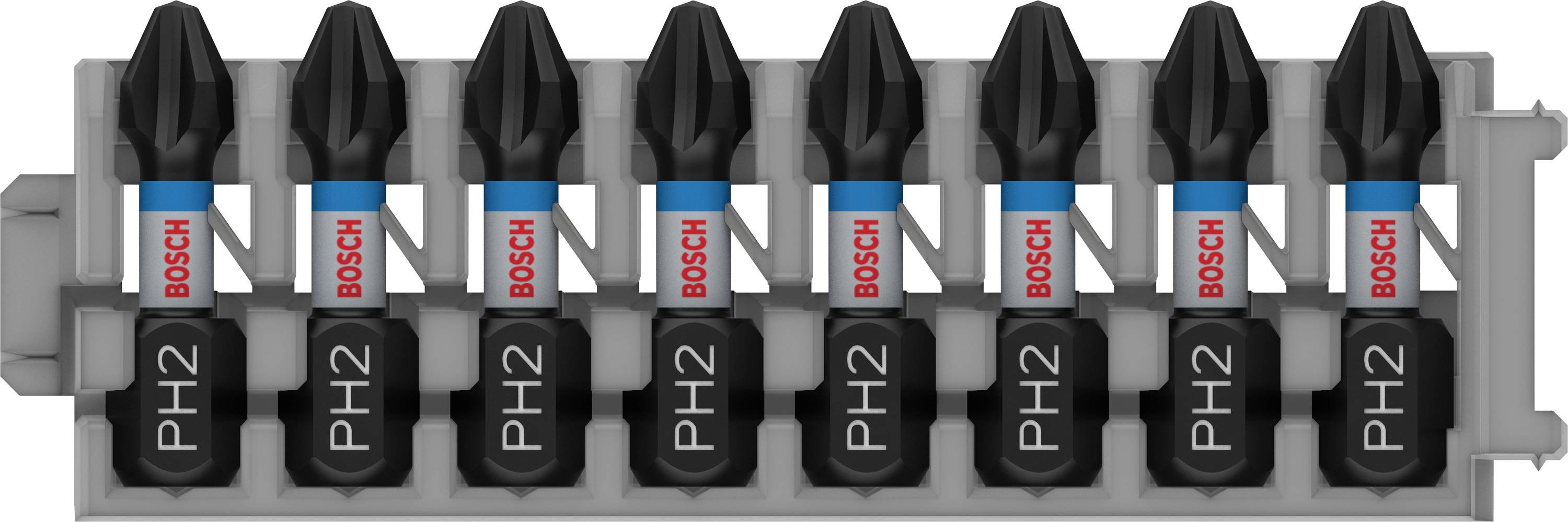 Eine Reihe von zehn Bosch PH2-Schrauber-Bits, schwarz mit blauem Ring und rotem Logo, in einem grauen Kunststoffhalter.