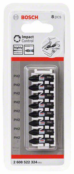 Verpackung mit 8 Bosch PH2 Schrauberbits mit 'Impact Control' gekennzeichnet. Enthält Maßangaben und Produktnummer unten.