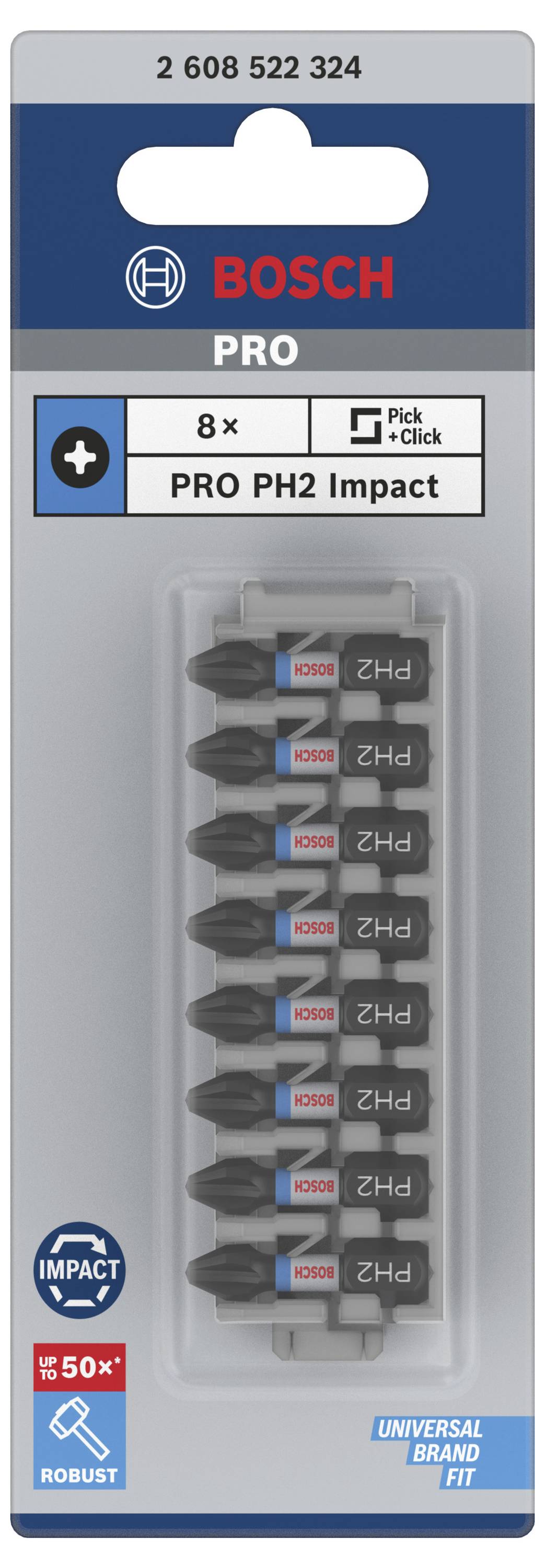 Bosch Pro PH2 Impact Schrauberbits, 8 Stück. 50% robuster, geeignet für alle Marken. Verpackung zeigt zehn schwarze Bits in Reihe.