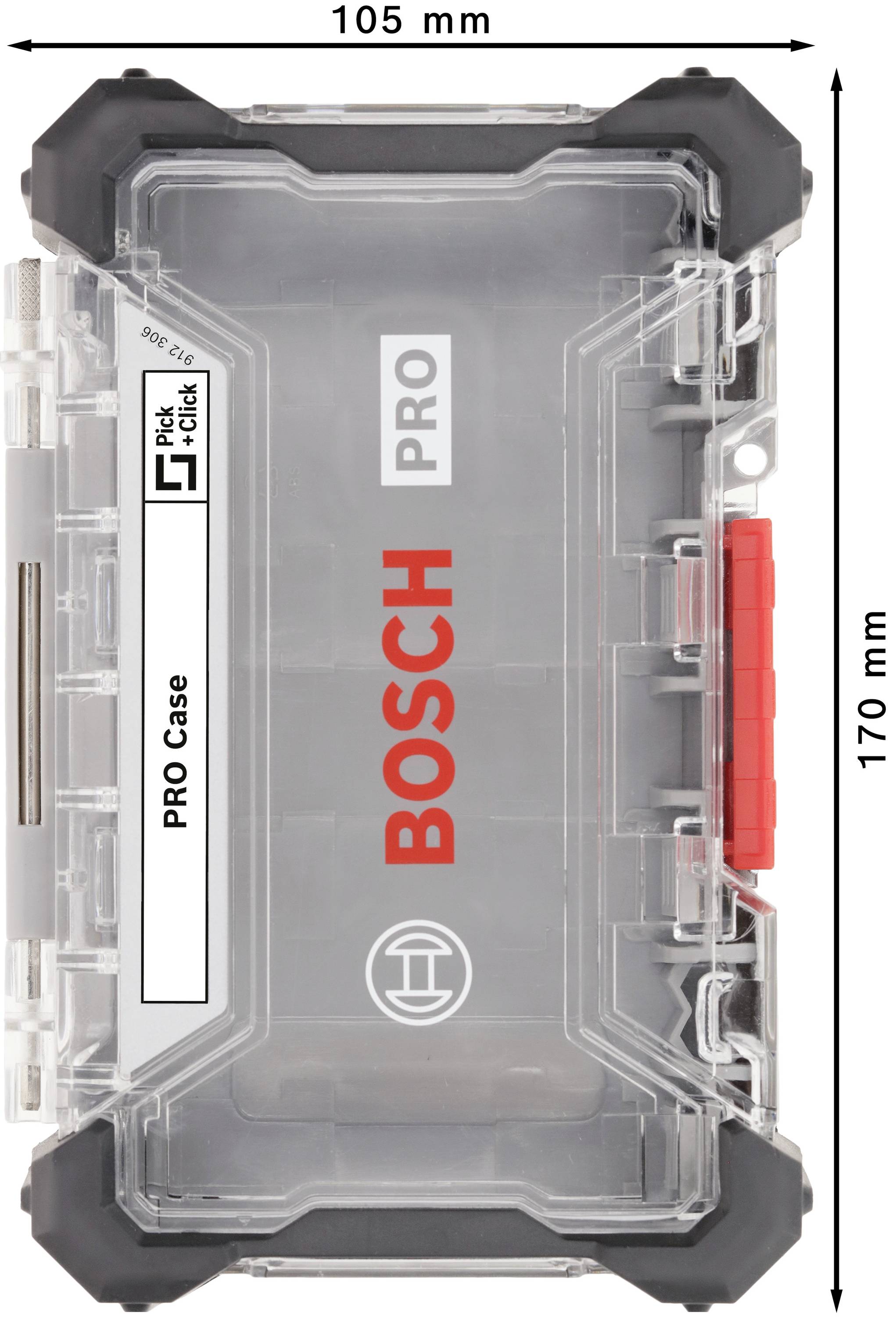 Transparente Bosch Aufbewahrungsbox, rechteckig, Maße 105 mm x 170 mm, mit rotem Griff, geeignet zum Aufbewahren von Werkzeugzubehör.