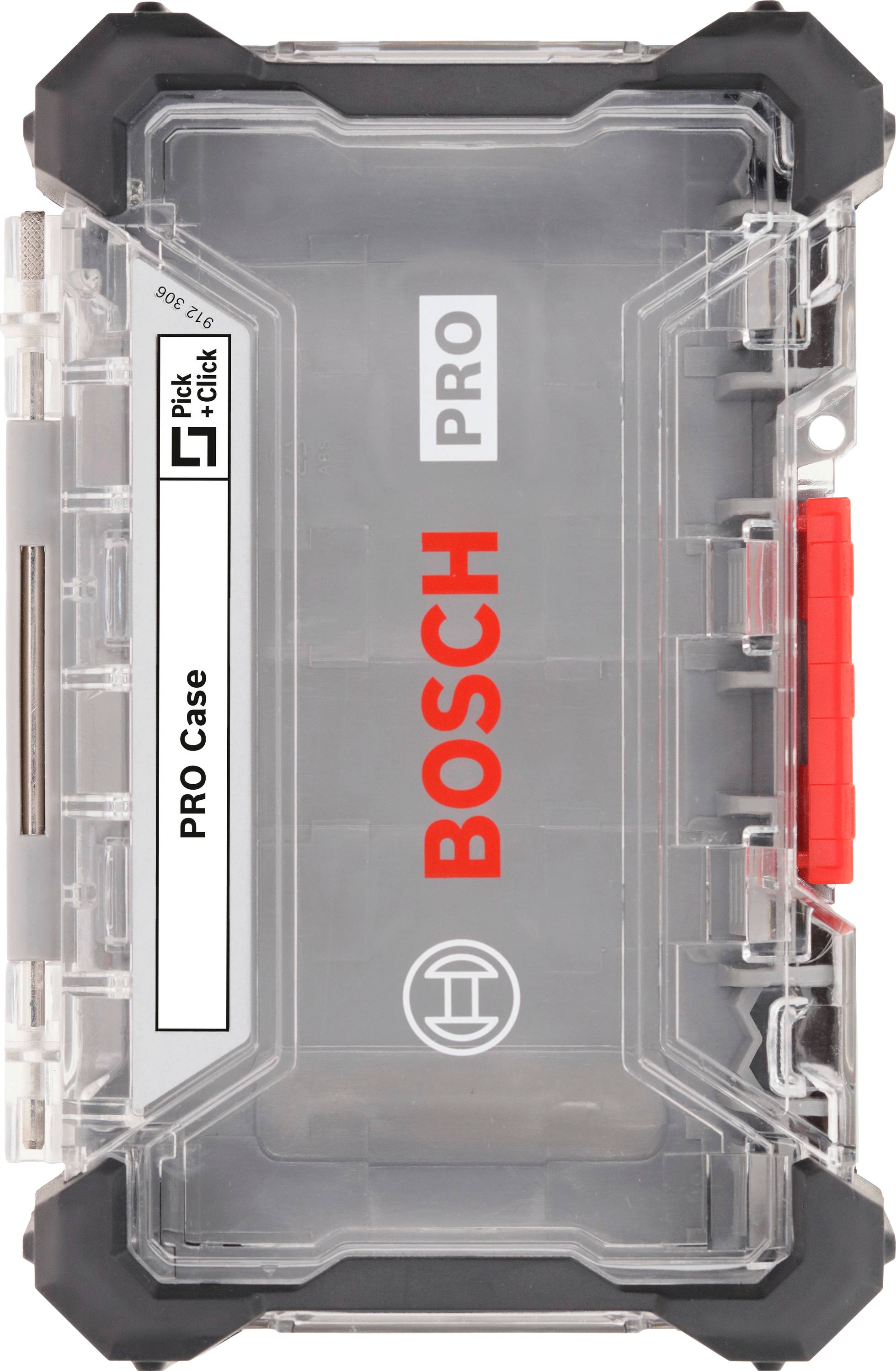 Geschlossene transparente Bosch PRO Case mit rotem Griff und grauem Verschluss, für Werkzeugaufbewahrung und Organisation.
