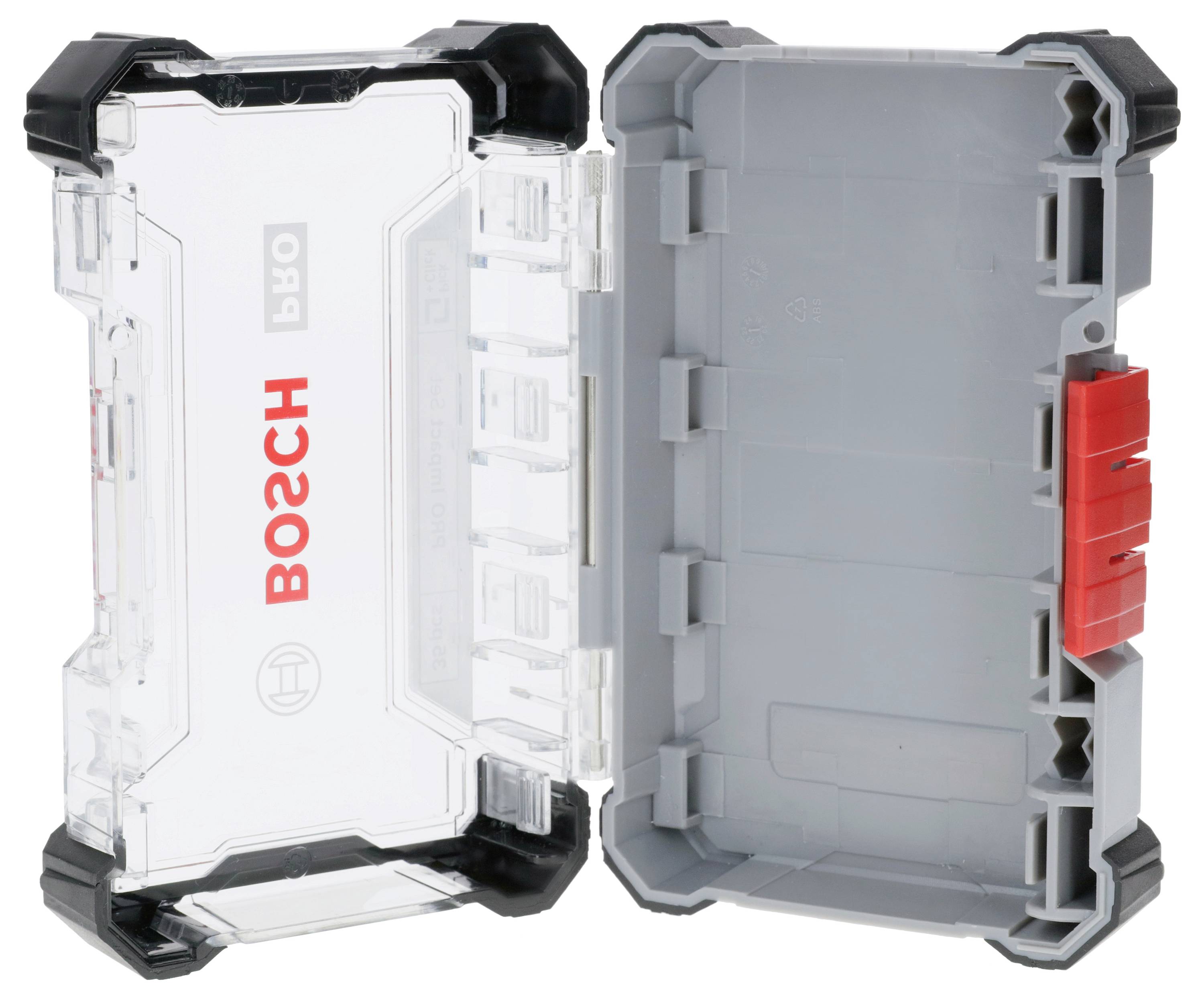 Eine geöffnete Werkzeugbox mit transparentem Deckel und grauem Inneren. Der Deckel trägt das rote Logo 'BOSCH' an der Seite.