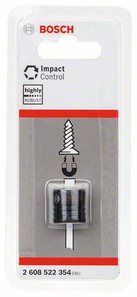 'Bosch Impact Control' Adapter in Verpackung auf grauem Hintergrund. Hoch belastbar, robust. Produktnummer: 2 608 522 354.