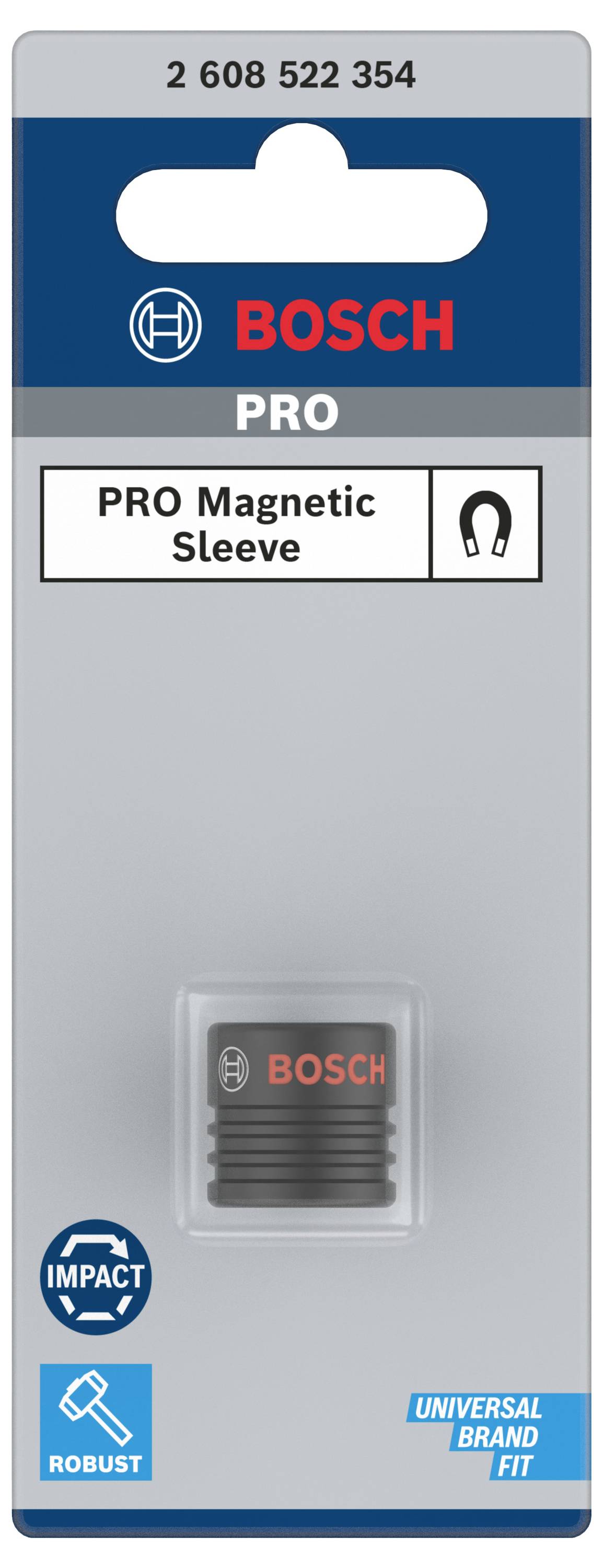 Magnetische Hülse auf Bosch-Verpackung, Artikelnummer 2 608 522 354. 'PRO Magnetic Sleeve' und Logos für Stoßfestigkeit und universelle Passform.