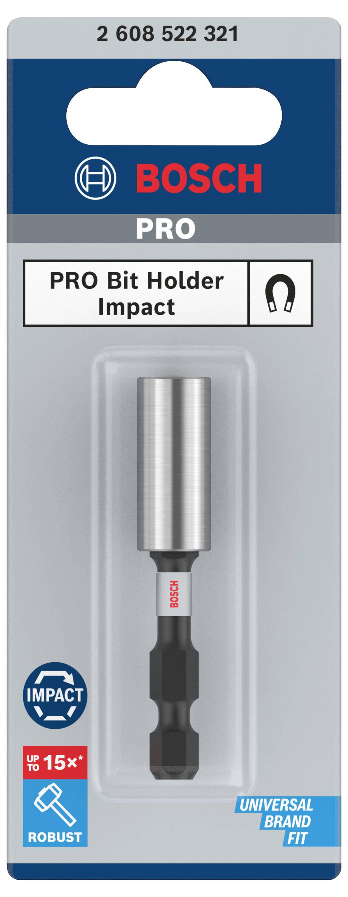 'Bosch Pro Bit Holder Impact' in Kunststoffverpackung, geeignet für verschiedene Marken, bietet hohe Robustheit und bis zu 15-fache Lebensdauer.