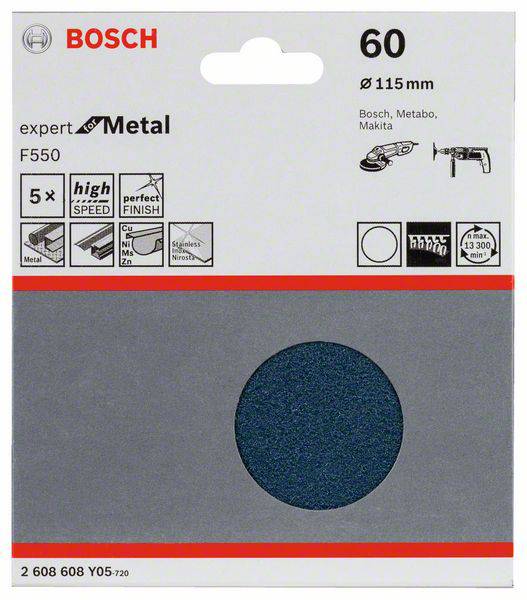 Bosch Schleifscheibe 60er Körnung für Metallschleifer, 115 mm Durchmesser. Verpackung zeigt Symbole für Geschwindigkeit und Materialkompatibilität.
