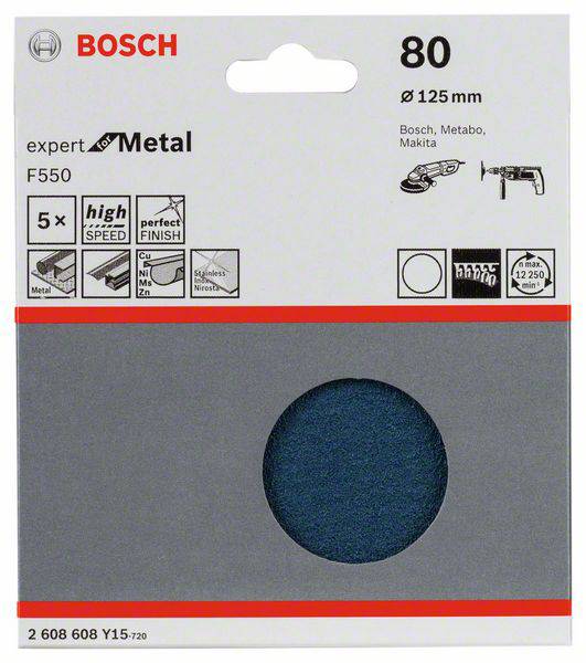 Verpackung eines Bosch-Schleifblatts für Metall, Körnung 80, Durchmesser 125 mm, geeignet für Bosch, Metabo und Makita Geräte.