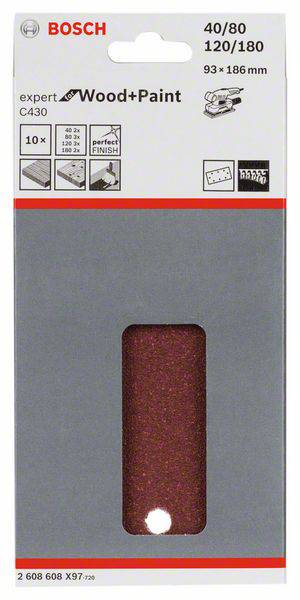 Schleifpapier-Set von Bosch für Holz und Farbe, Maße 93 x 186 mm, Körnung 40/80/120/180, 10 Blatt. Abbildung der Schleifblätter.