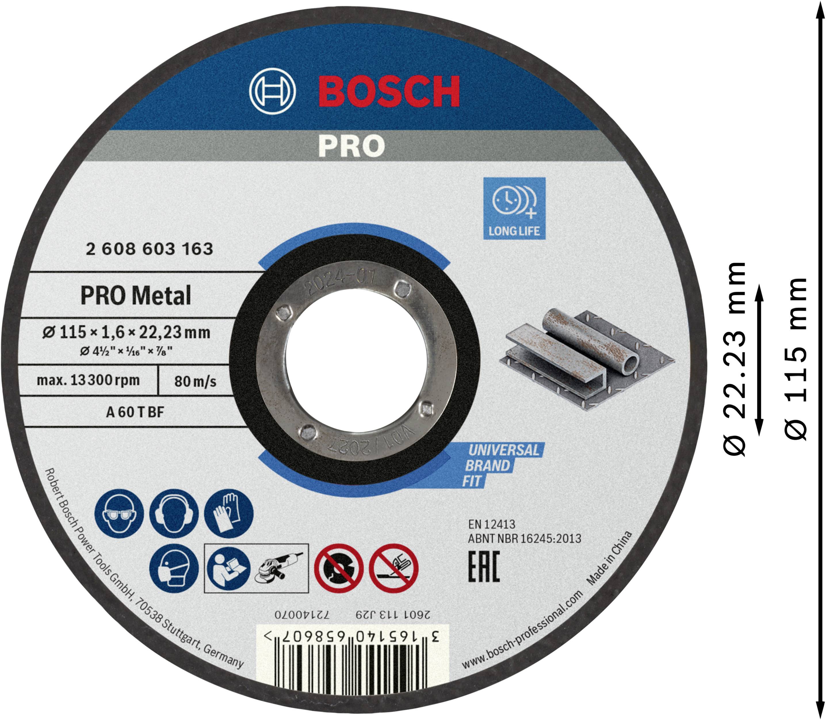 Schleifscheibe von Bosch mit Spezifikationen: PRO Metal, Ø 115 x 1,6 x 22,23 mm, max. 13300 U/min, passend für Universal-Brandgeräte.