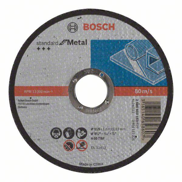 Schleifscheibe von Bosch für Metallbearbeitung, 115 x 1,6 x 22,23 mm, Typ A60 TBF, max. 80 m/s.