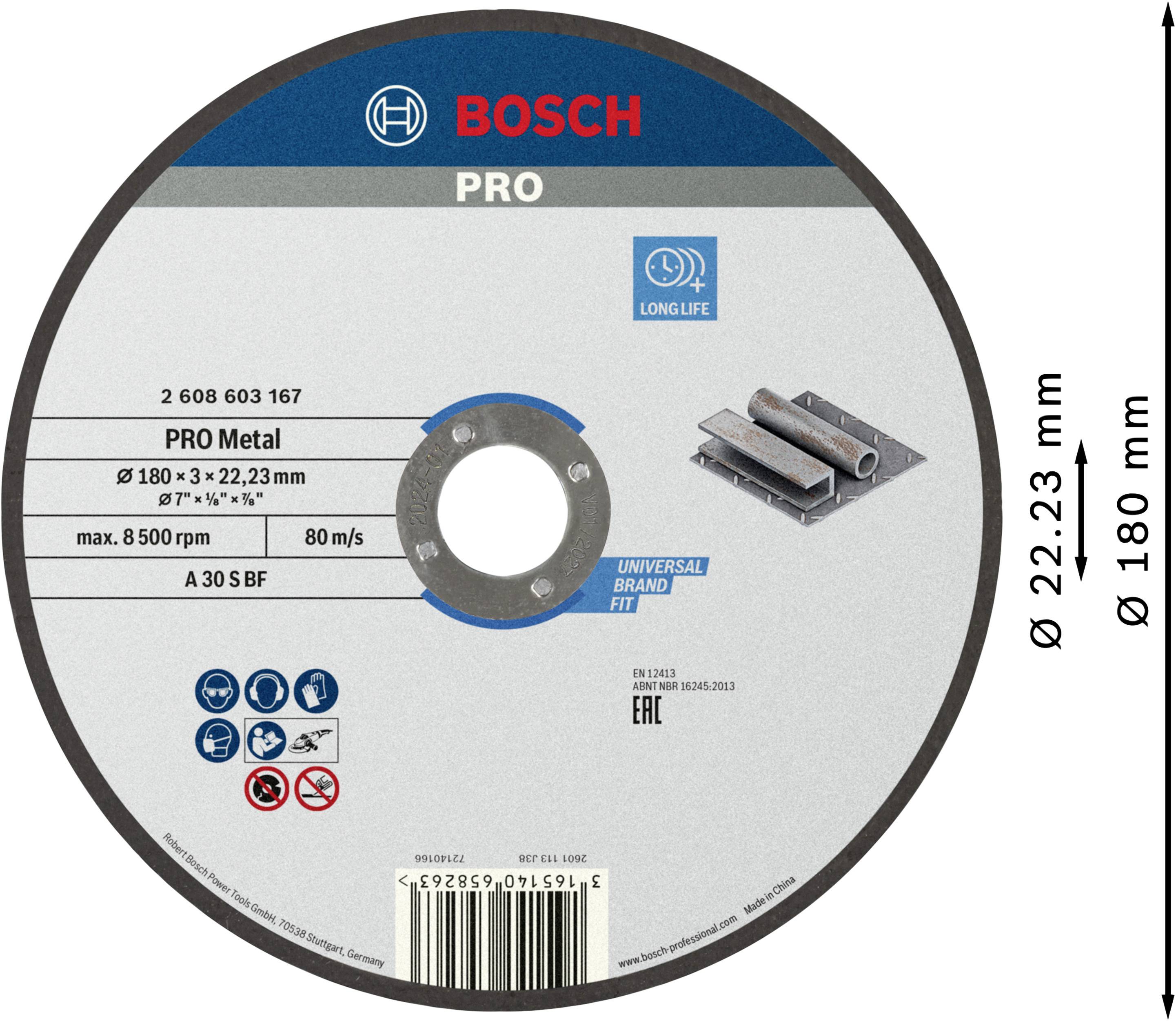 Bosch PRO Metall-Trennscheibe, Ø 180 x 3 x 22,23 mm, max. 8500 U/min, 80 m/s, A30 S BF.