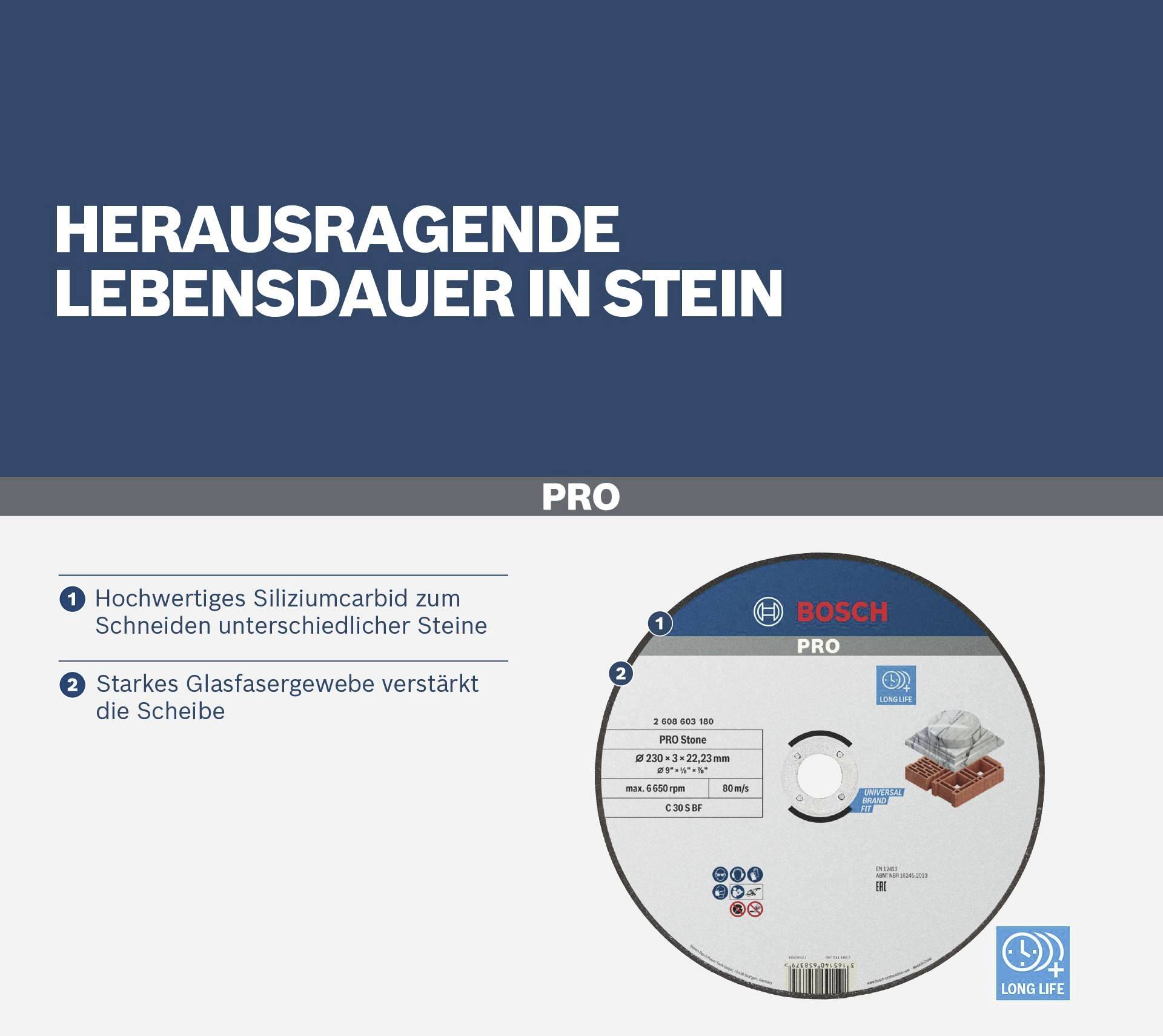 Schneidscheibe mit herausragender Lebensdauer für Stein. Enthält Siliziumcarbid und verstärktes Glasfasergewebe. Geeignet für verschiedene Steine.