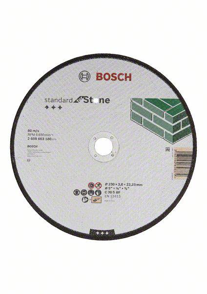 Bosch Trennscheibe für Stein, Durchmesser: 230 mm, Drehzahl: 80 m/s, zeigt Symbol eines grünen Backsteinmauer-Icons.