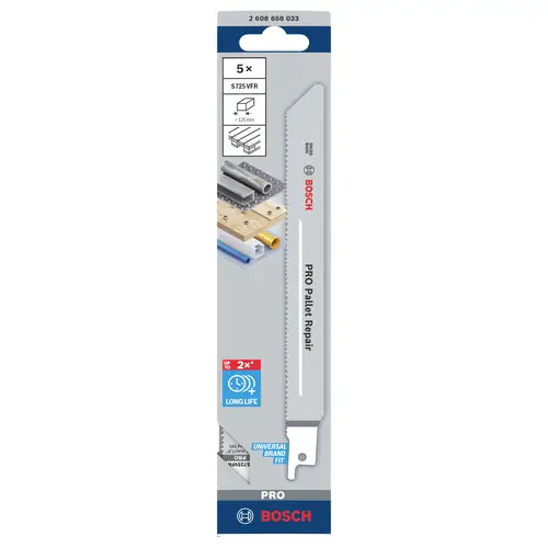 Bosch Accessories 2608658033 Säbelsägeblatt S 725 VFR, Special for Pallet Repair, 5er-Pack 1St. Bosch Accessories 2608658033 Säbelsägeblatt S 725 VFR, Special for Pallet Repair, 5er-Pack 1St.