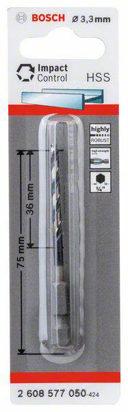 Bosch Bohrer 3,3 mm, Impact Control HSS, 75 mm Länge, 36 mm nutzbare Länge, für Metall geeignet, robuste Verpackung.