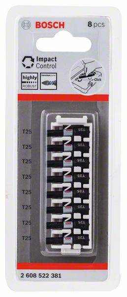 'Bosch Impact Control' Set mit 8 T25 Schraubbits in einer Verpackung. Anleitung für schnelles Einrasten. Artikelnummer: 2 608 522 381.