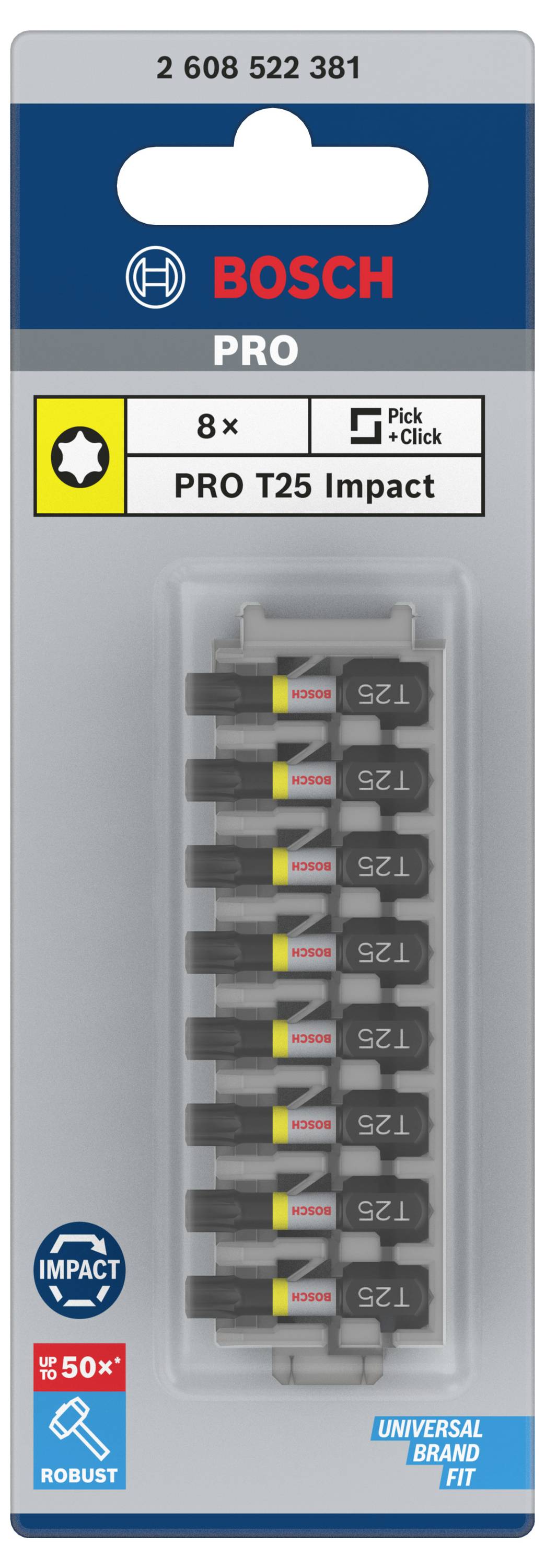 Bosch Verpackung für PRO T25 Impact Schrauberbits, 8 Stück. Geeignet für robuste Anwendungen, mit 'Pick and Click' System.