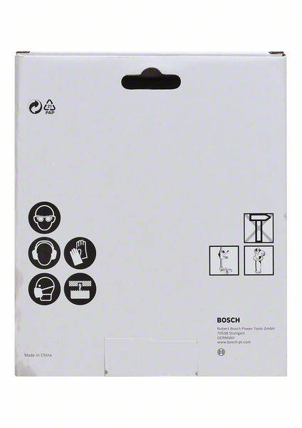 Eine weiße Verpackung mit Sicherheitssymbolen: Augenschutz, Gehörschutz, Handschutz. Unten ist der Firmenname Bosch angegeben.