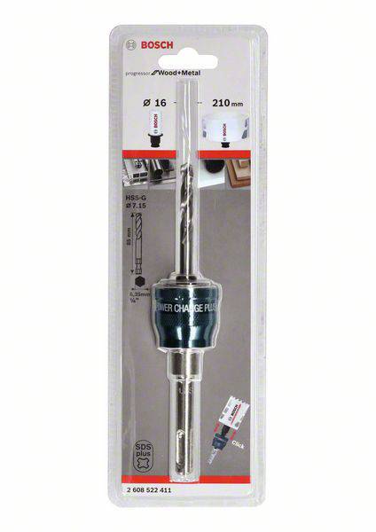 'Bosch' Bohrerpackung mit einem 16 mm Ø Bohrer, Länge 210 mm, geeignet für Holz und Metall, zeigt Installationshinweise.