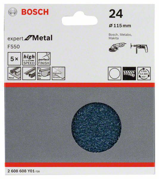 Schleifscheibe von Bosch, geeignet für Metallbearbeitung, 115 mm Durchmesser, Körnung 24, Verpackung zeigt Anwendungen und Herstellerangaben.
