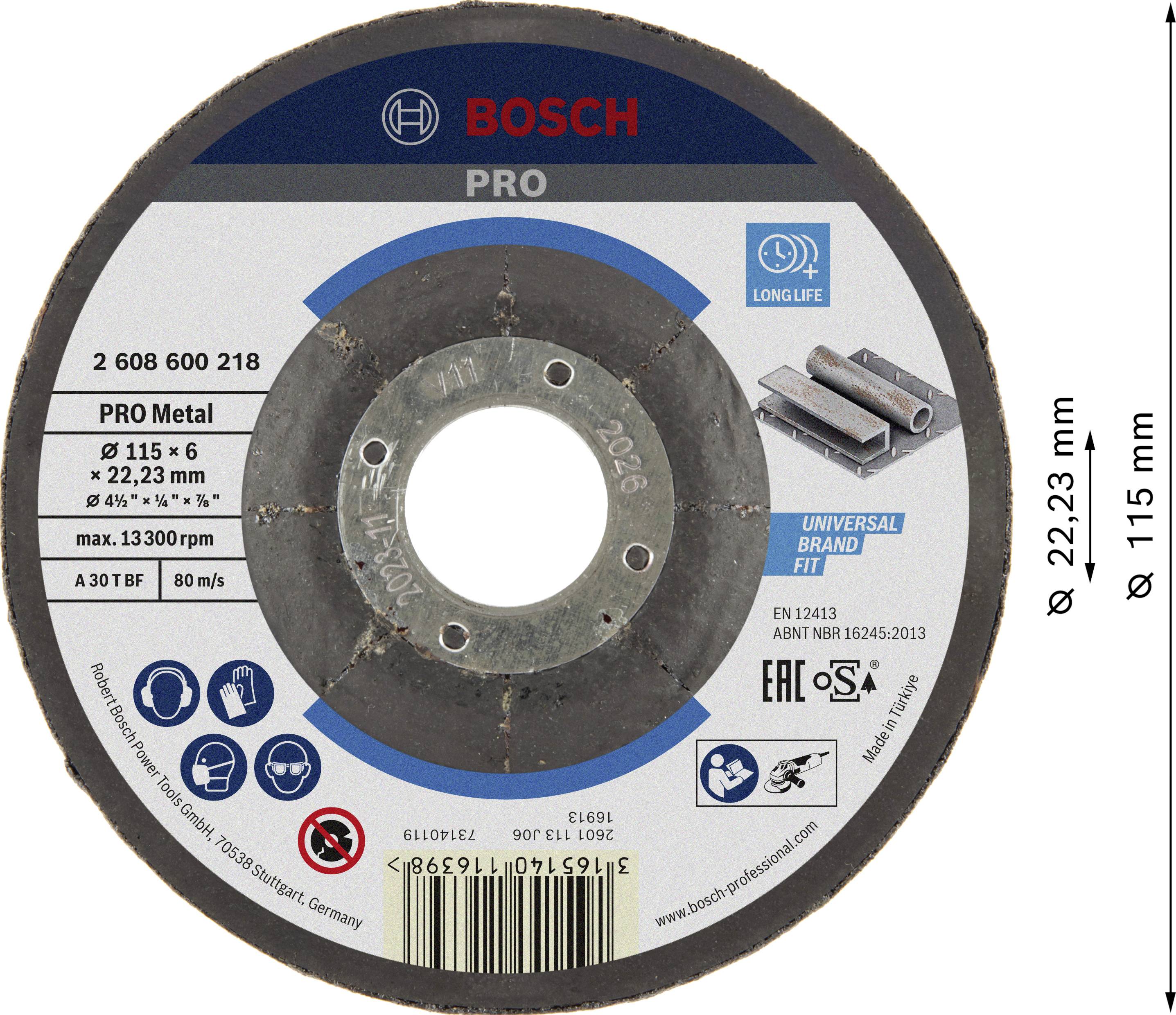 'Bosch PRO Metal Trennscheibe' mit 115 mm Durchmesser und 22,23 mm Bohrung, geeignet für Metall, Drehzahl bis 13.300 U/min.