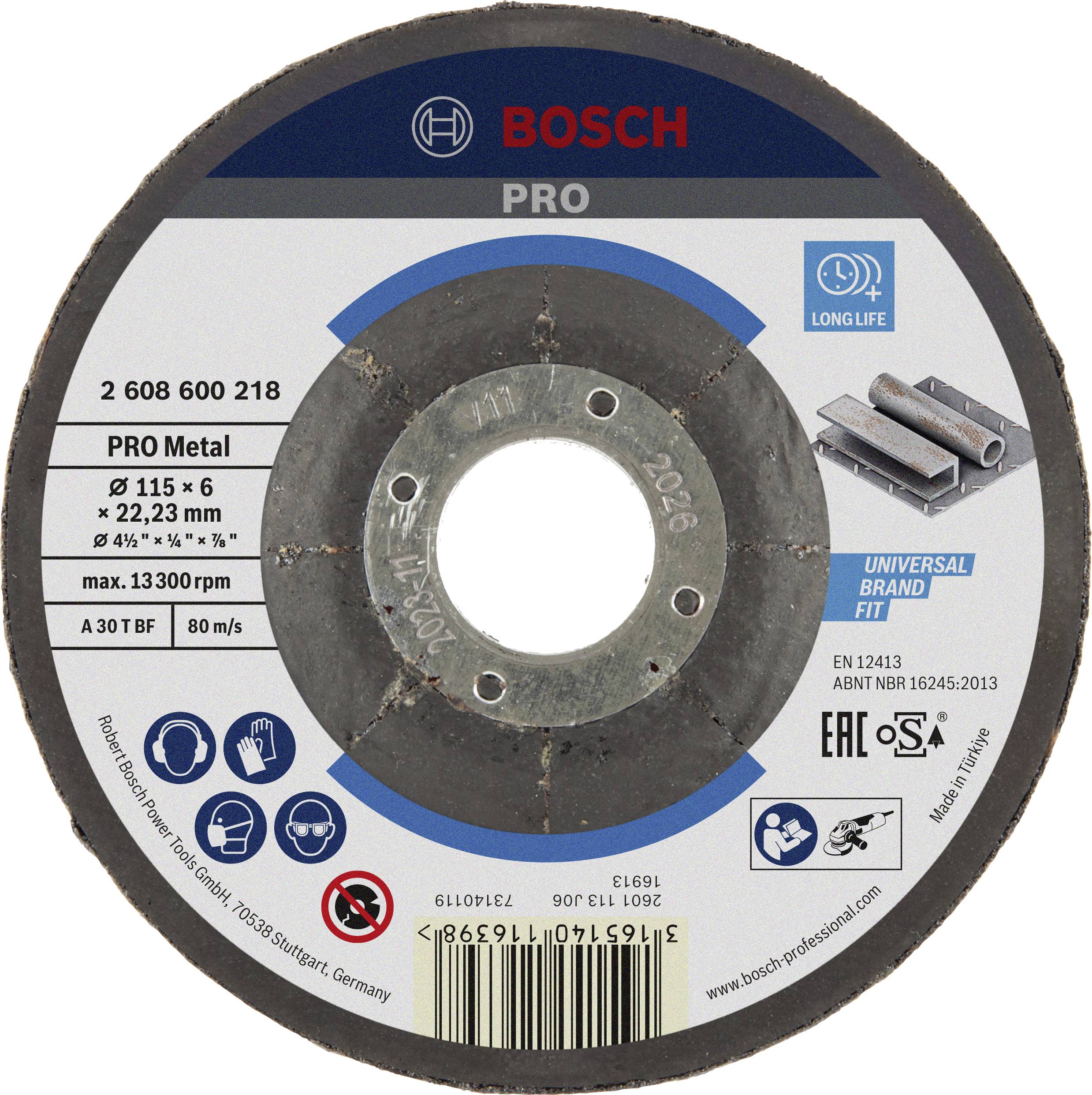 Schleifscheibe von Bosch, PRO-Serie, für Metallbearbeitung. Durchmesser 115 mm, Drehzahl max. 13.300 U/min, 'Long Life' und 'Universal Brand' Logos sichtbar.