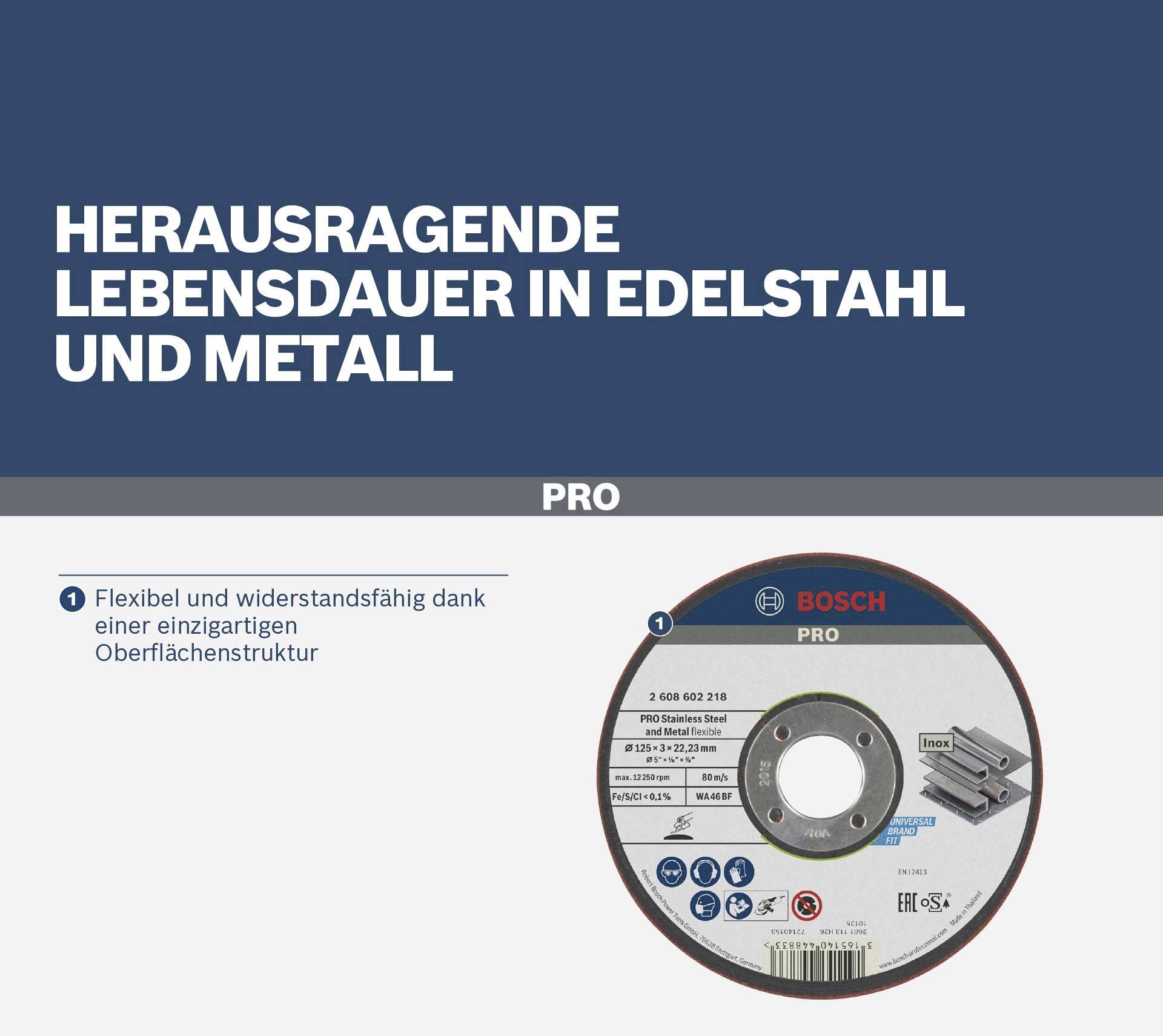 Schleifscheibe mit der Aufschrift 'Herausragende Lebensdauer in Edelstahl und Metall'. Hervorhebung der Flexibilität und Widerstandsfähigkeit.