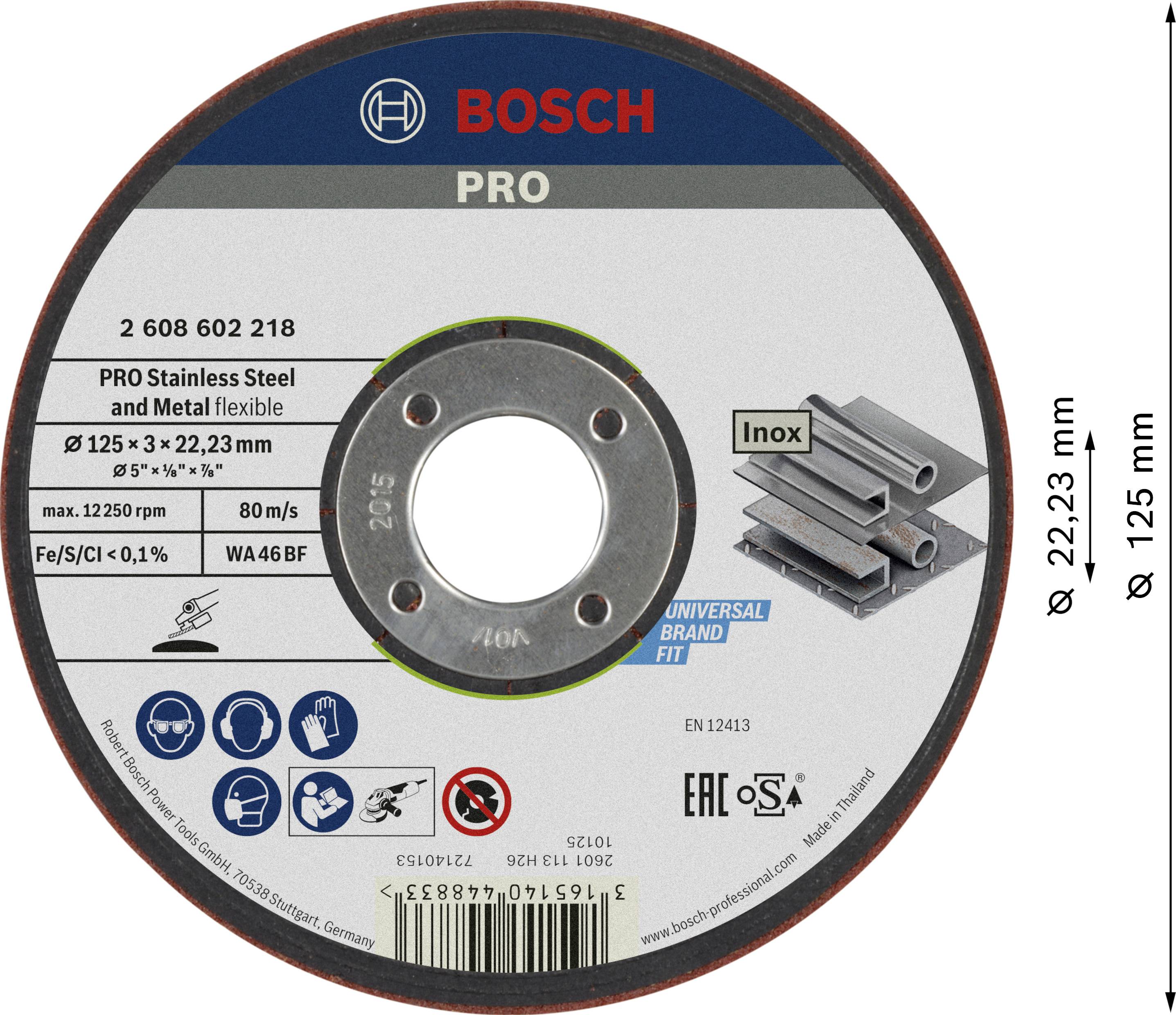 Schleifscheibe von Bosch zum Schneiden von Edelstahl und Metall, Durchmesser 125 mm, Dicke 2,23 mm, mit Produktinformationen.