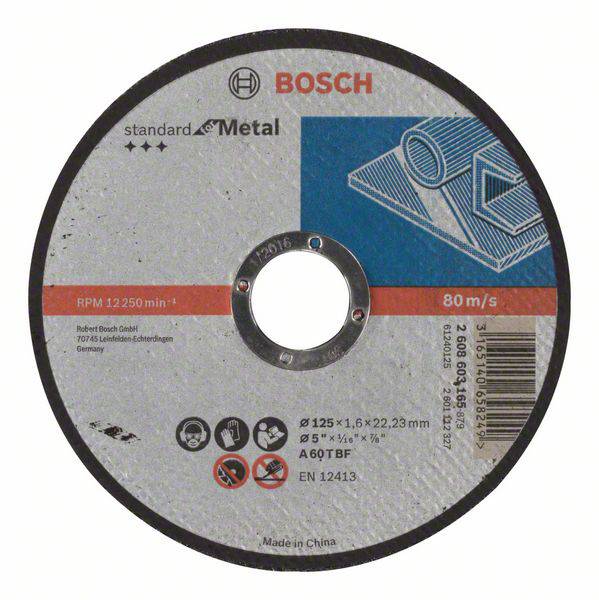 Eine Trennscheibe von Bosch für Metall, Standardqualität, 125x1,6x22,23 mm, mit Angabe von maximaler Drehzahl 12.250 U/min.