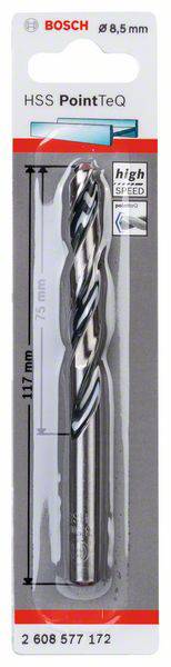 'HSS PointTeQ' Bohrer von BOSCH, Durchmesser 6,5 mm, Länge 117 mm. Verpackung zeigt Produktbild und Angabe 'High Speed'.