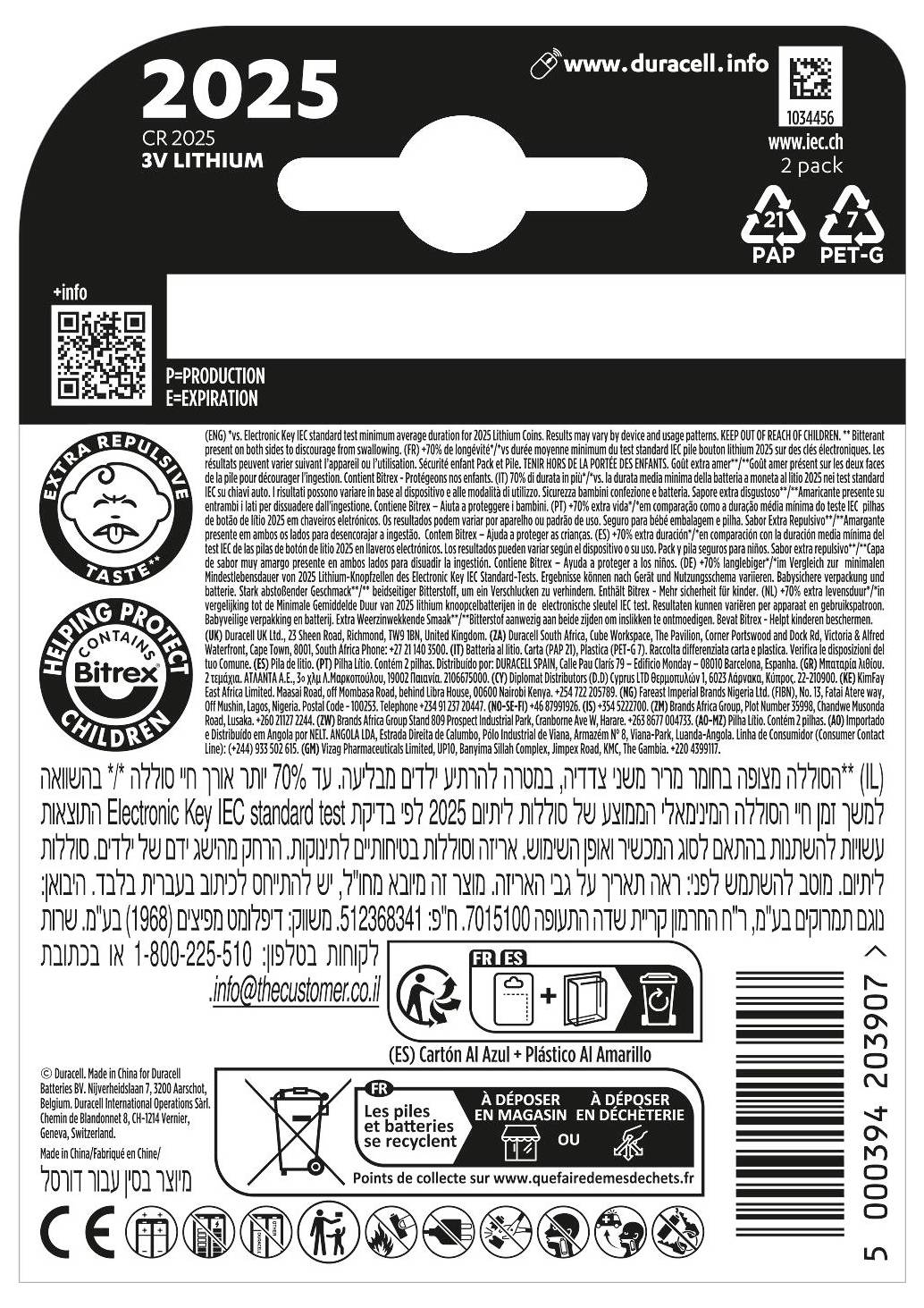 'Duracell 2025' Knopfbatterien-Verpackung mit pinkem Hasen-Maskottchen, Text 'Baby Secure' und Aufbewahrungshinweis für Kinder.