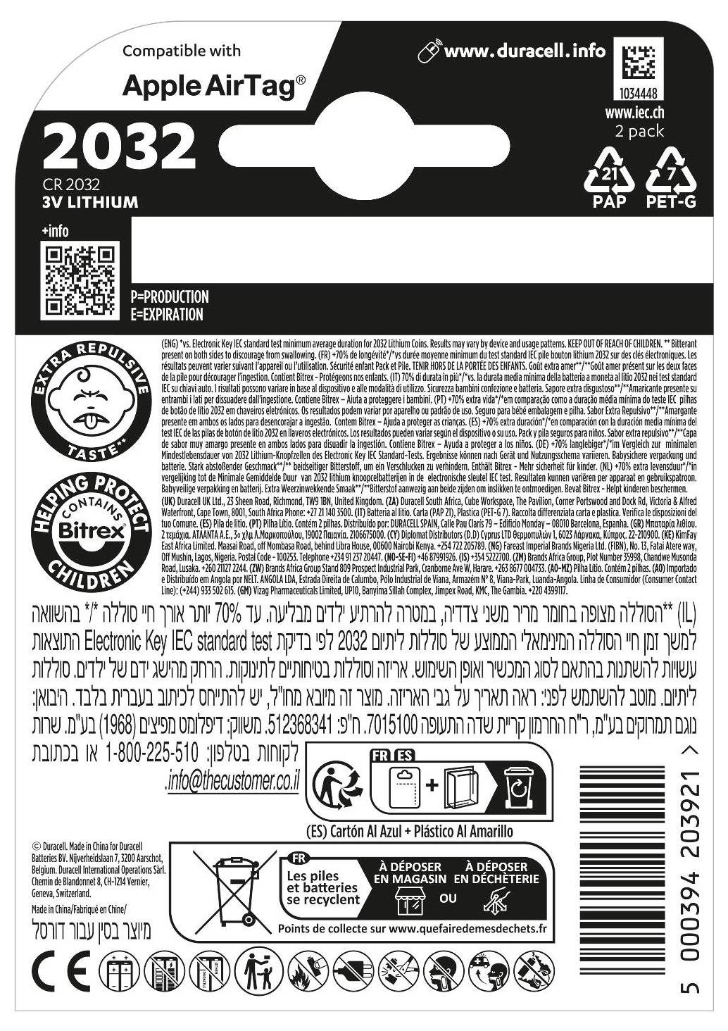 Paket mit Duracell 2032 Lithium-Batterie, kompatibel mit Apple AirTag. Enthält Sicherheitssymbole, Verfallsdatum und mehrsprachige Anweisungen.