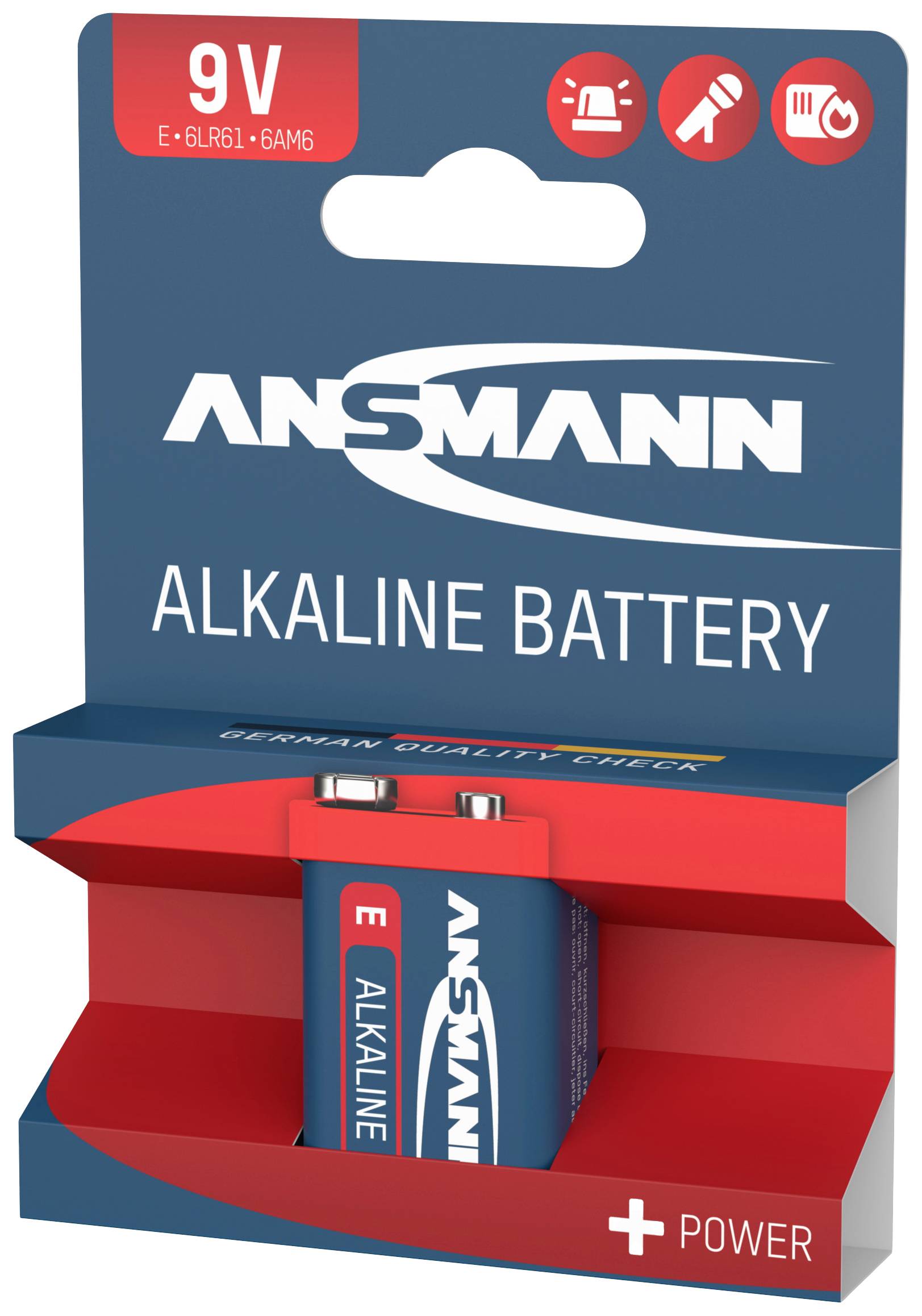 Ansmann Alkaline Batterie, 9V, in blau-roter Verpackung.