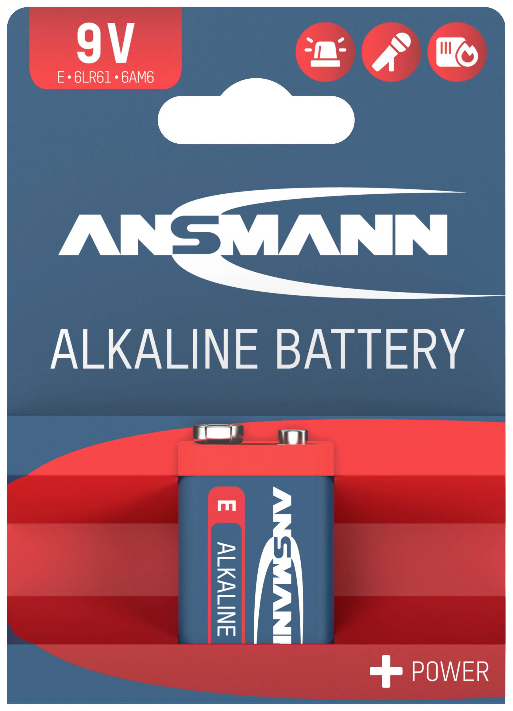 'Ansmann 9V Alkaline Batterie' in blau-roter Verpackung. Geeignet für Rauchmelder und andere Geräte, lange Haltbarkeit und Leistung.