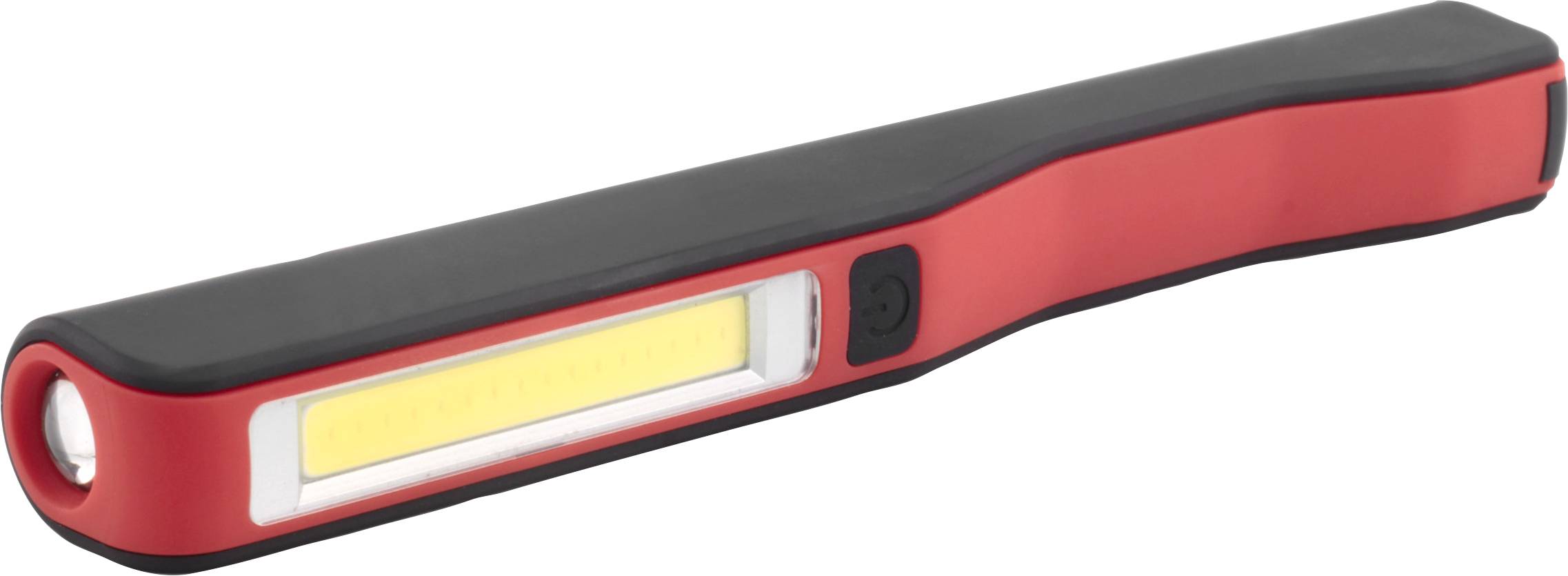 Rote, rechteckige Taschenlampe mit seitlicher LED-Leiste und schwarzem Griff, geeignet für handwerkliche Arbeiten.