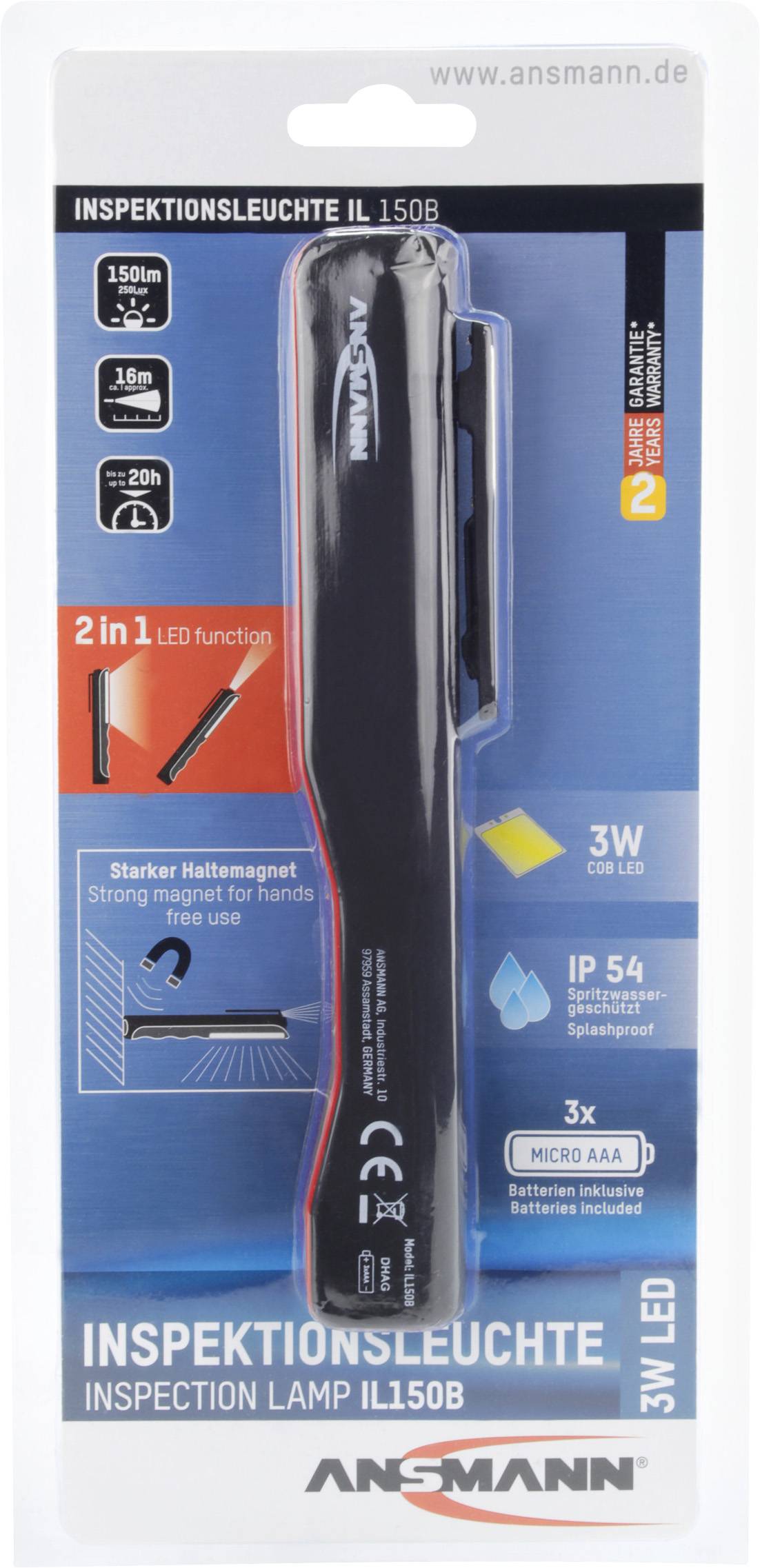 Inspektionsleuchte IL150B von Ansmann mit LED-Funktion, 3W, IP54 wassergeschützt, mit starkem Magnet für freihändige Nutzung.