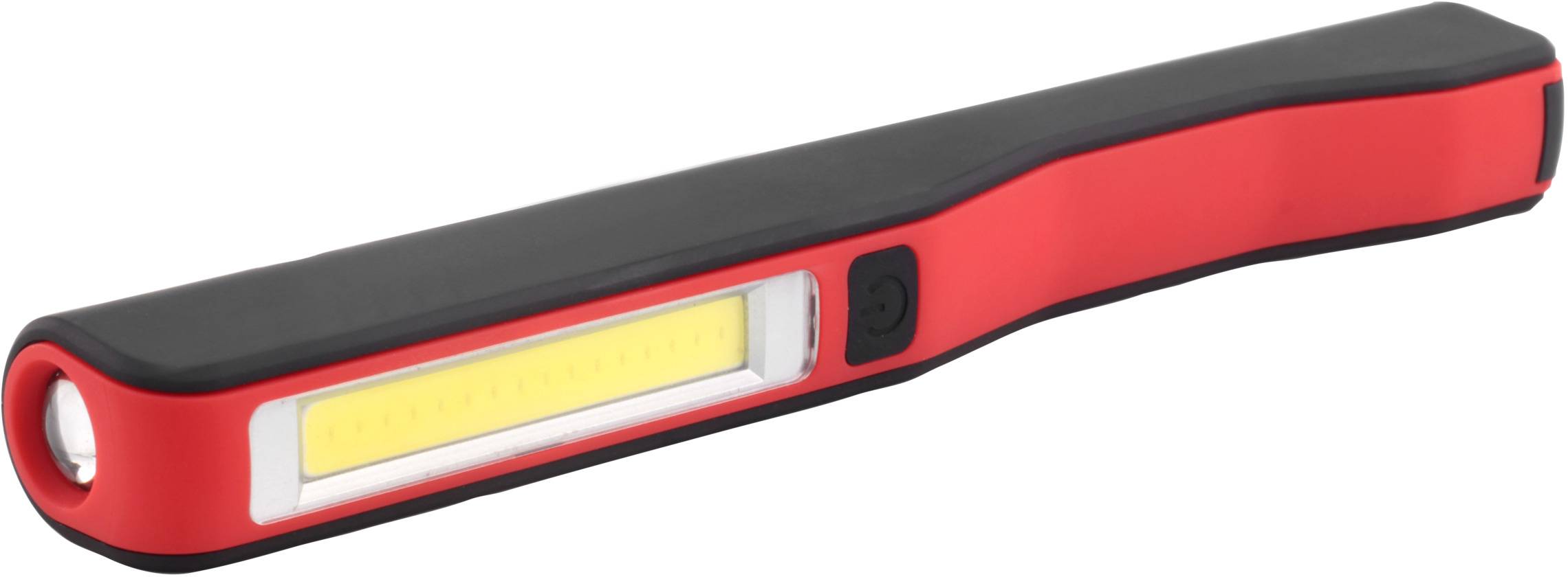 Rote und schwarze LED-Taschenlampe in länglicher Form mit seitlichem Lichtstreifen und Knopf auf der Vorderseite.