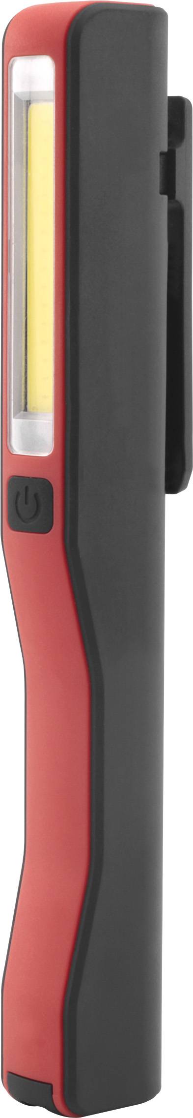 Rote und schwarze Taschenlampe im Stiftformat mit seitlichem Clip und gelbem LED-Streifen. Ideal für handliche Beleuchtung.