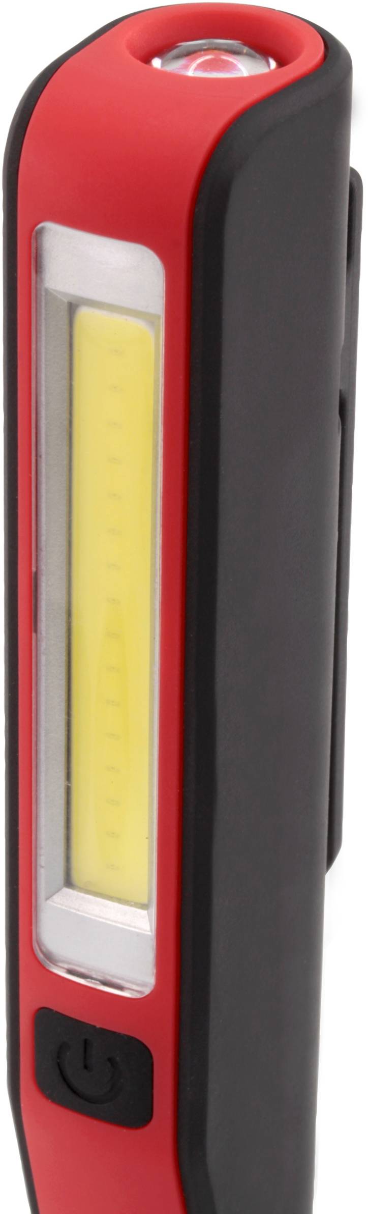 Taschenlampe mit rotem und schwarzem Gehäuse, vertikaler LED-Streifen und Ein-/Ausschalter unten, für mobilen Einsatz.
