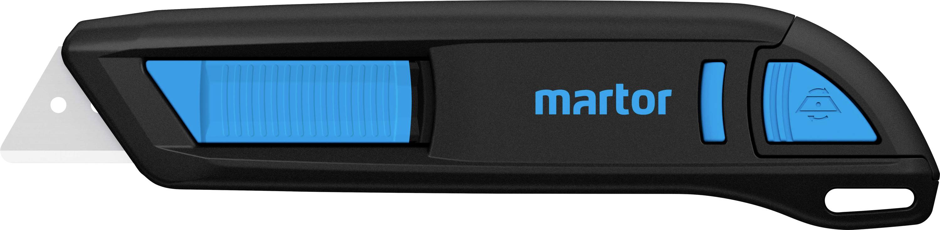 Schwarzer Sicherheitscutter mit blauem Schieber und Klinge. Logo 'martor' auf der Seite.